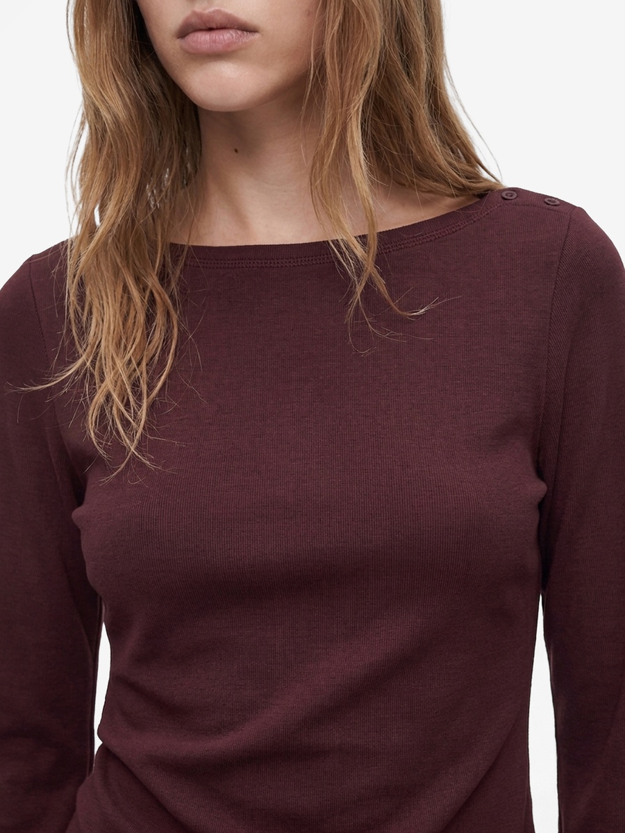 Burgundy Boat Neck Long Sleeve T-Shirt with Asymmetric Hem
