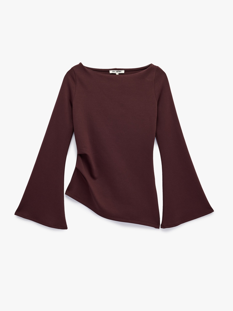 Burgundy Boat Neck Long Sleeve T-Shirt with Asymmetric Hem