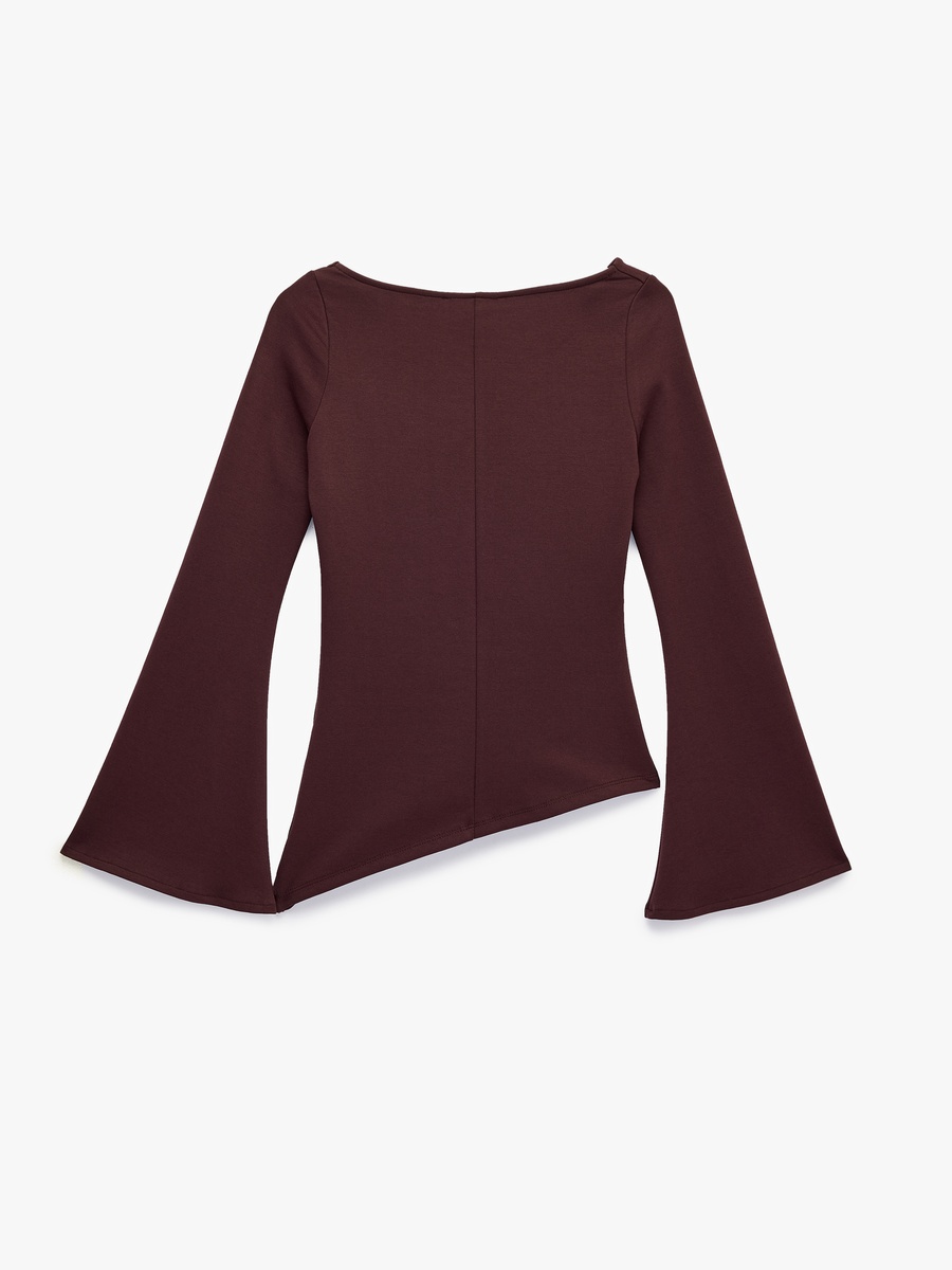 Burgundy Boat Neck Long Sleeve T-Shirt with Asymmetric Hem