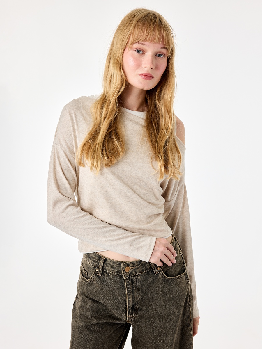 Beige Printed Round Neck Regular Fit Long Sleeve T-Shirt