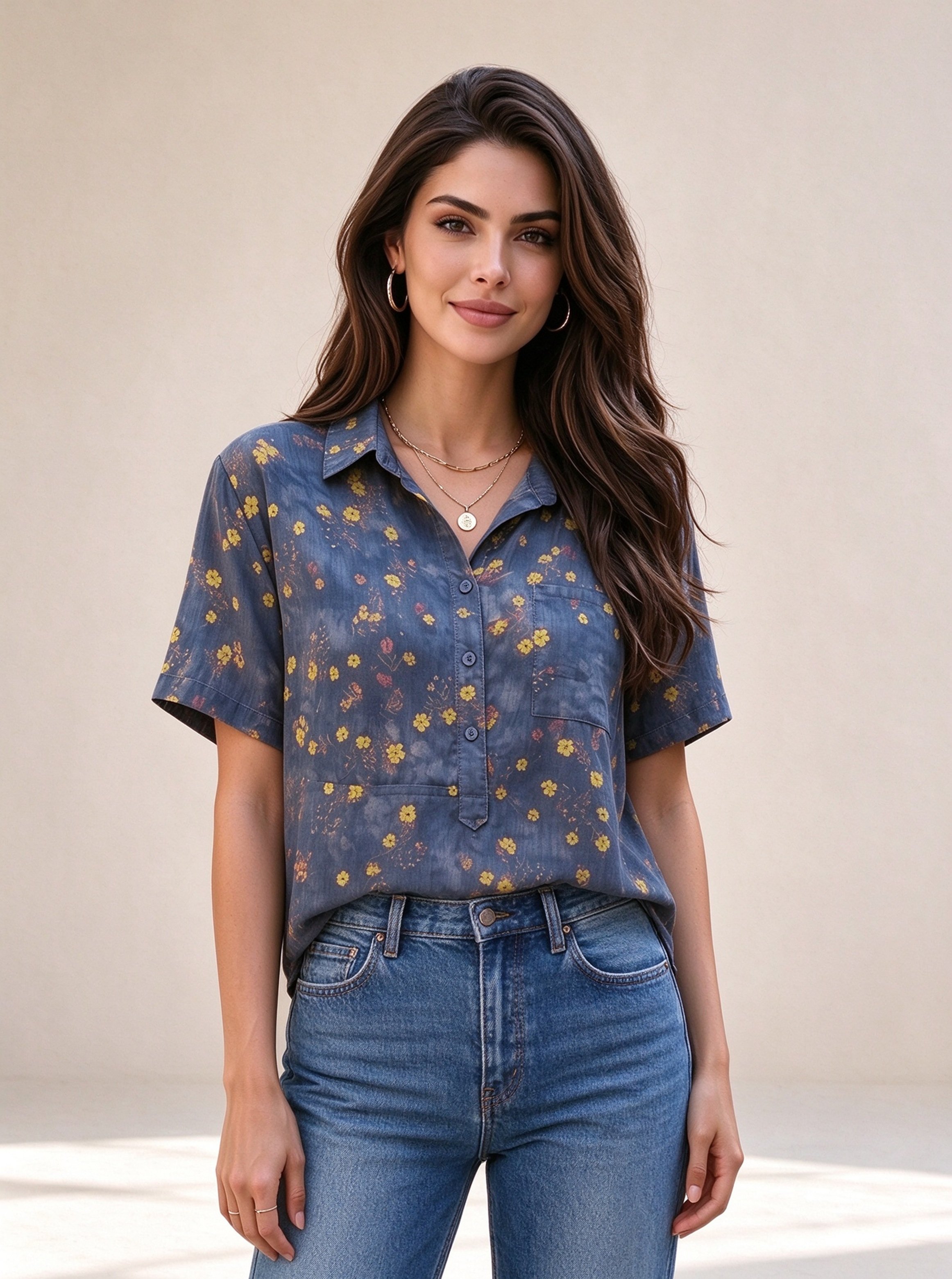 Dark Blue Printed Short Sleeves Regular Shirt
