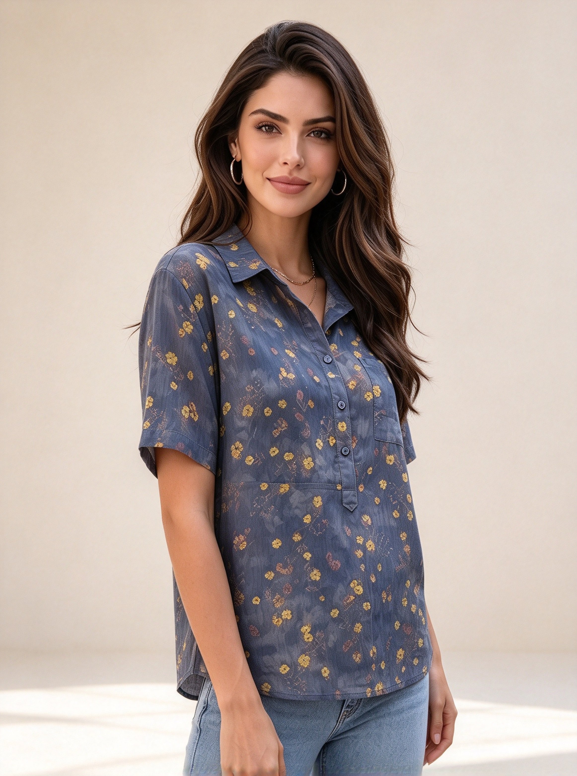 Dark Blue Printed Short Sleeves Regular Shirt