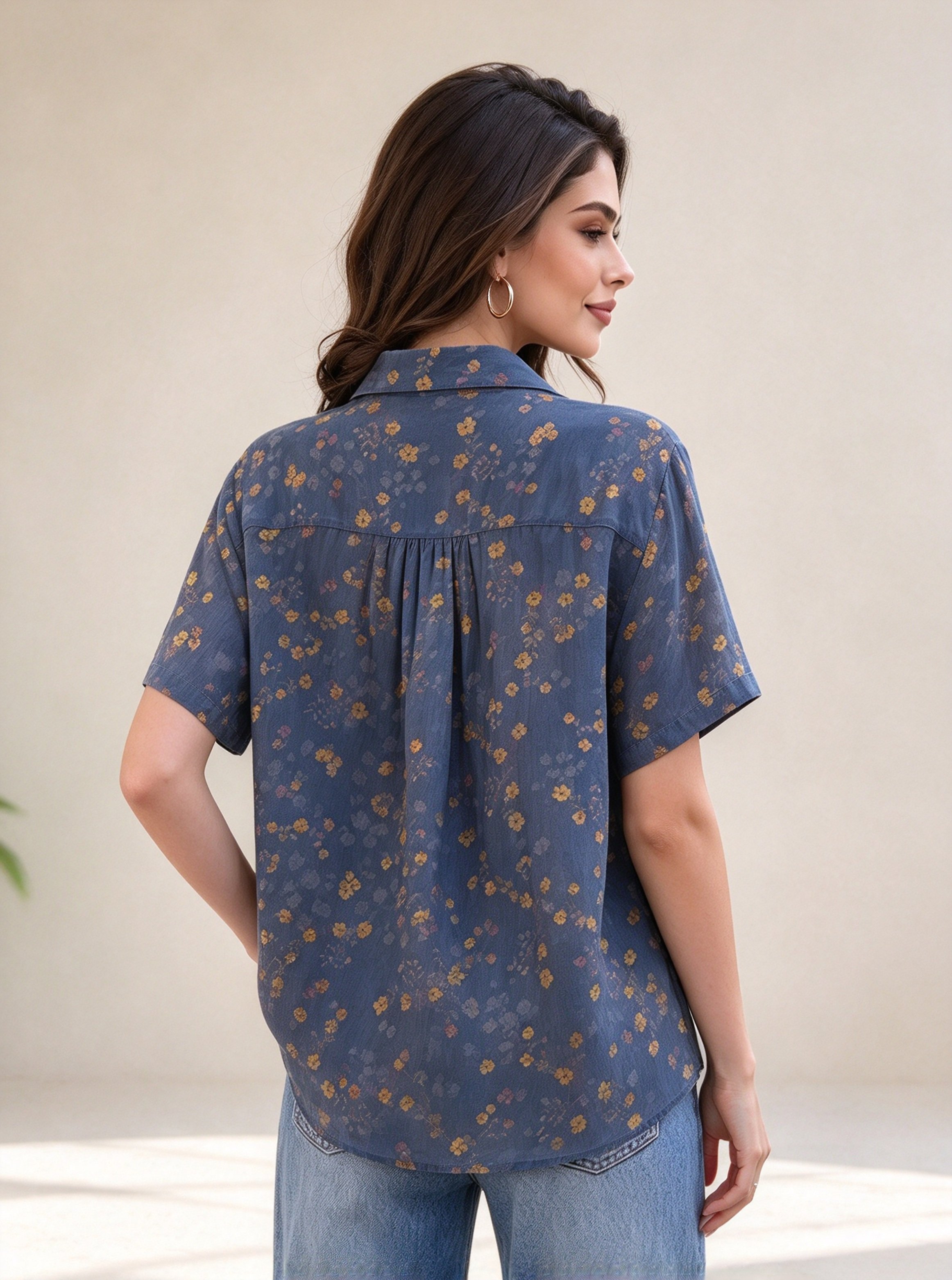 Dark Blue Printed Short Sleeves Regular Shirt