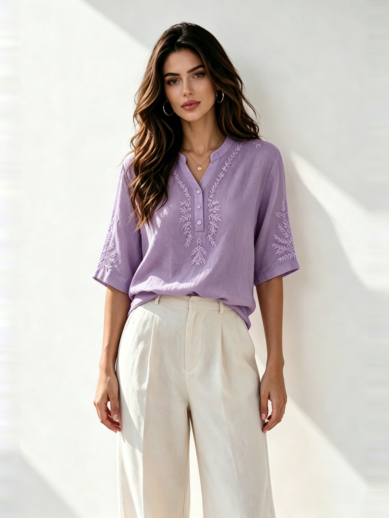 Purple Embroidered Short Sleeves Regular Shirt