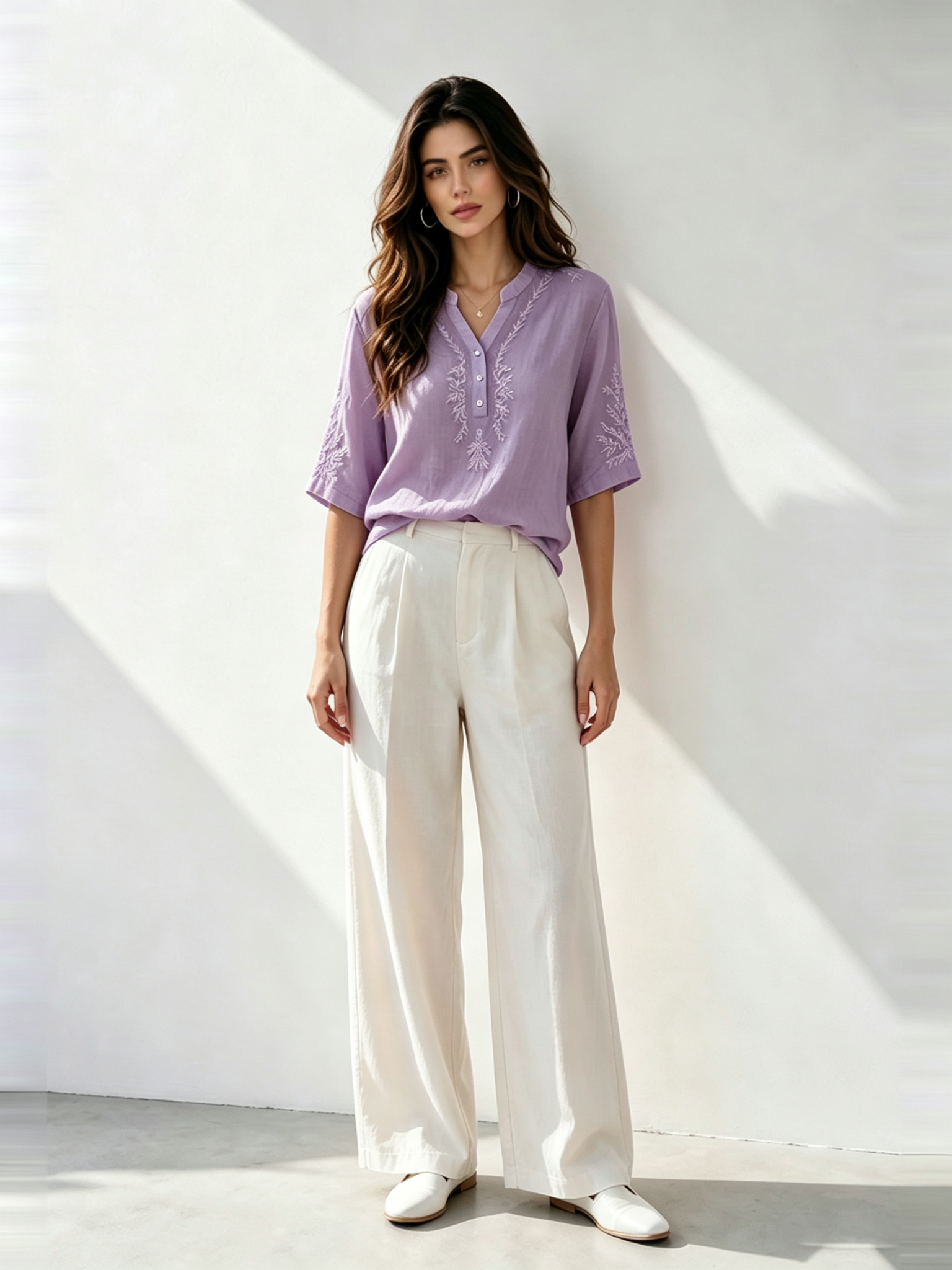 Purple Embroidered Short Sleeves Regular Shirt