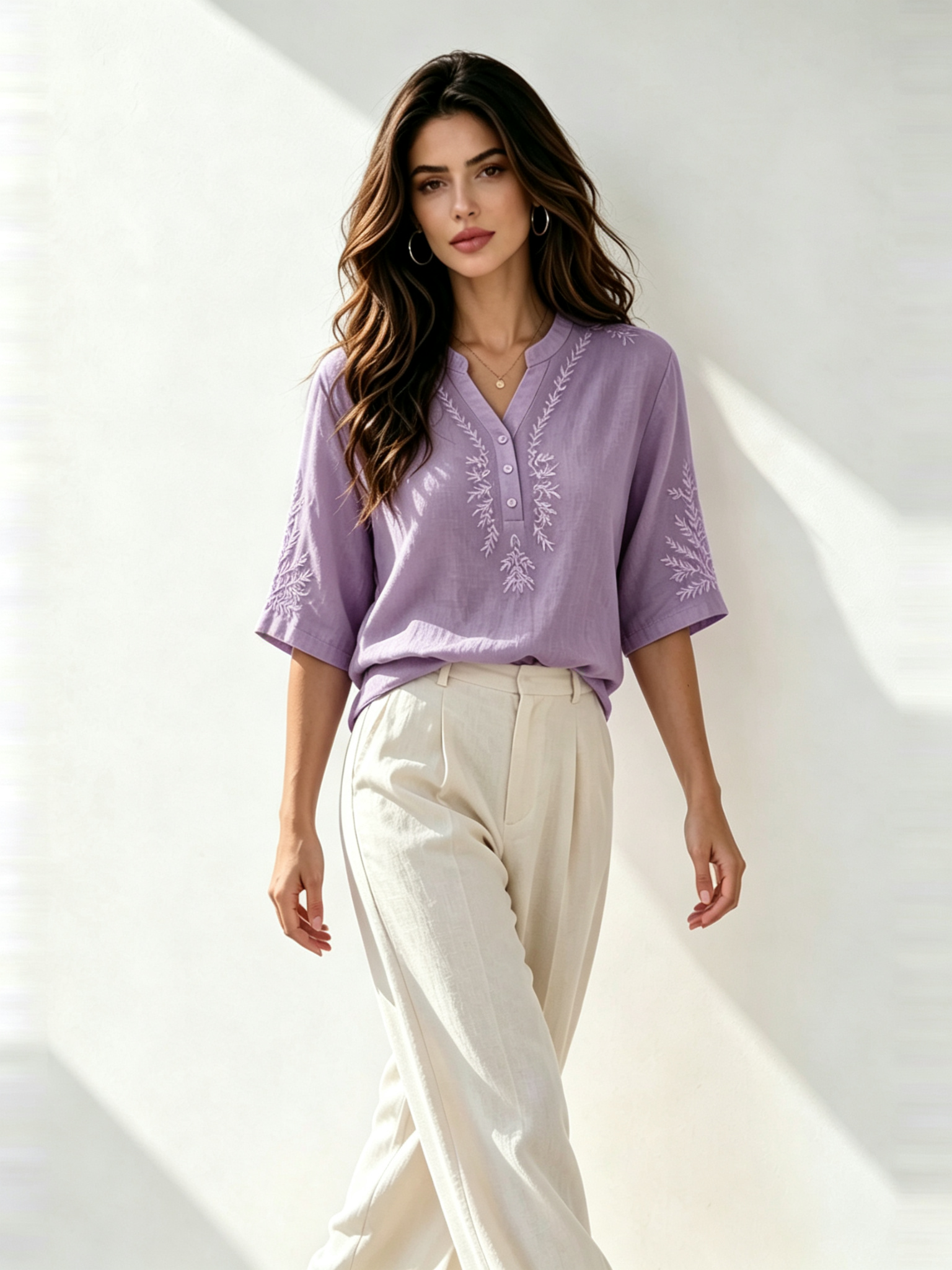 Purple Embroidered Short Sleeves Regular Shirt