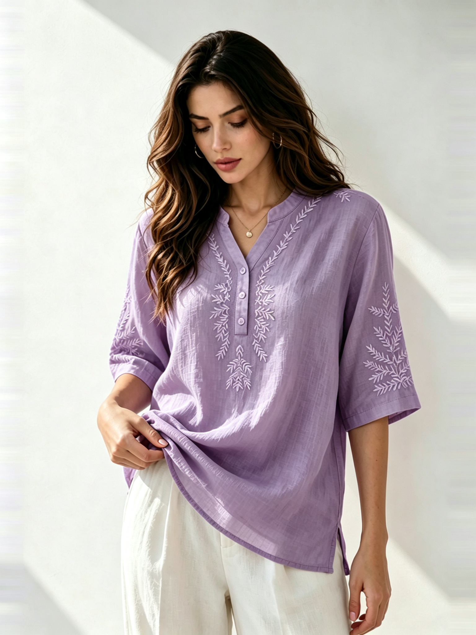 Purple Embroidered Short Sleeves Regular Shirt