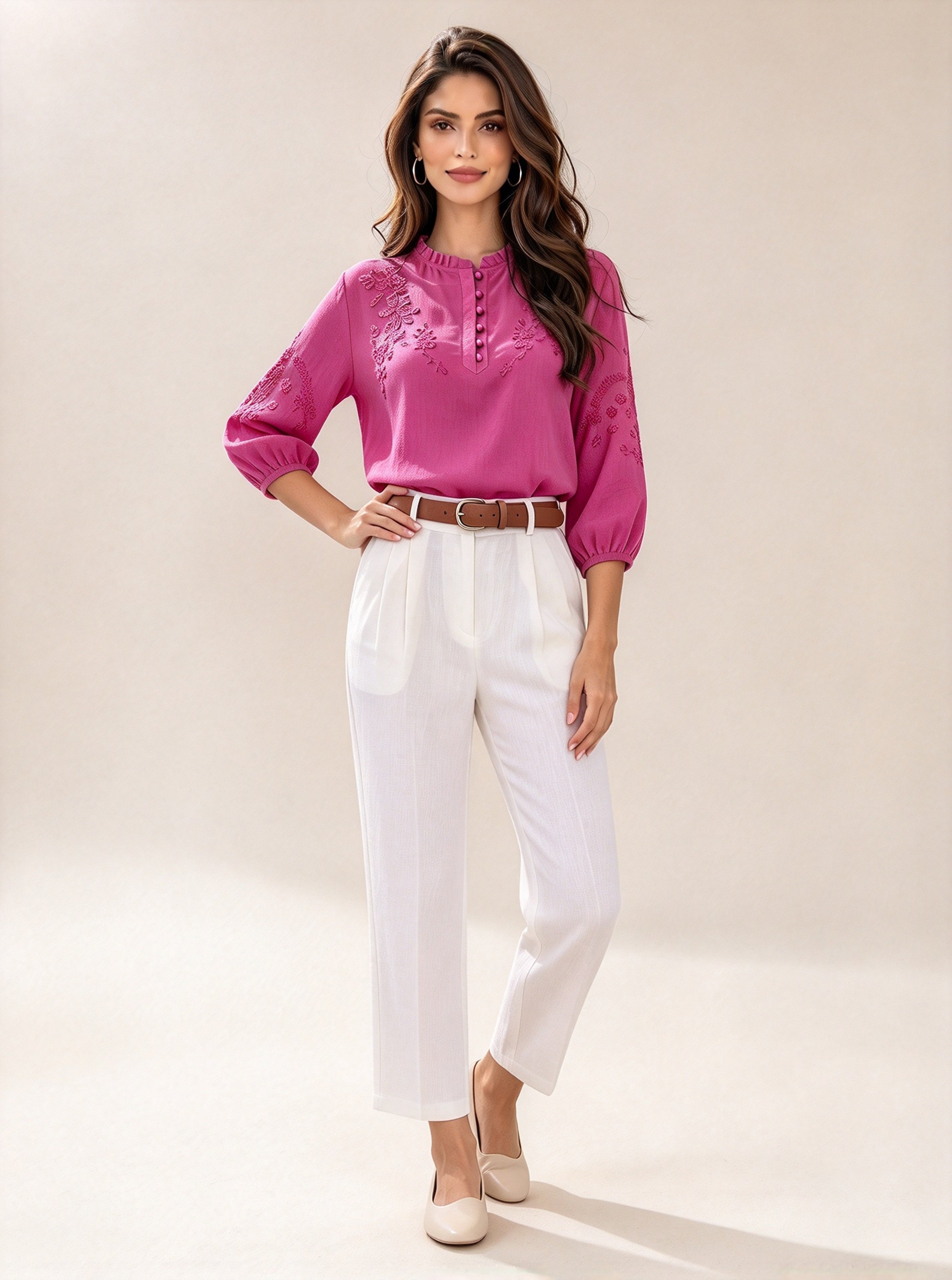 Magenta Embroidered Collared Blouse