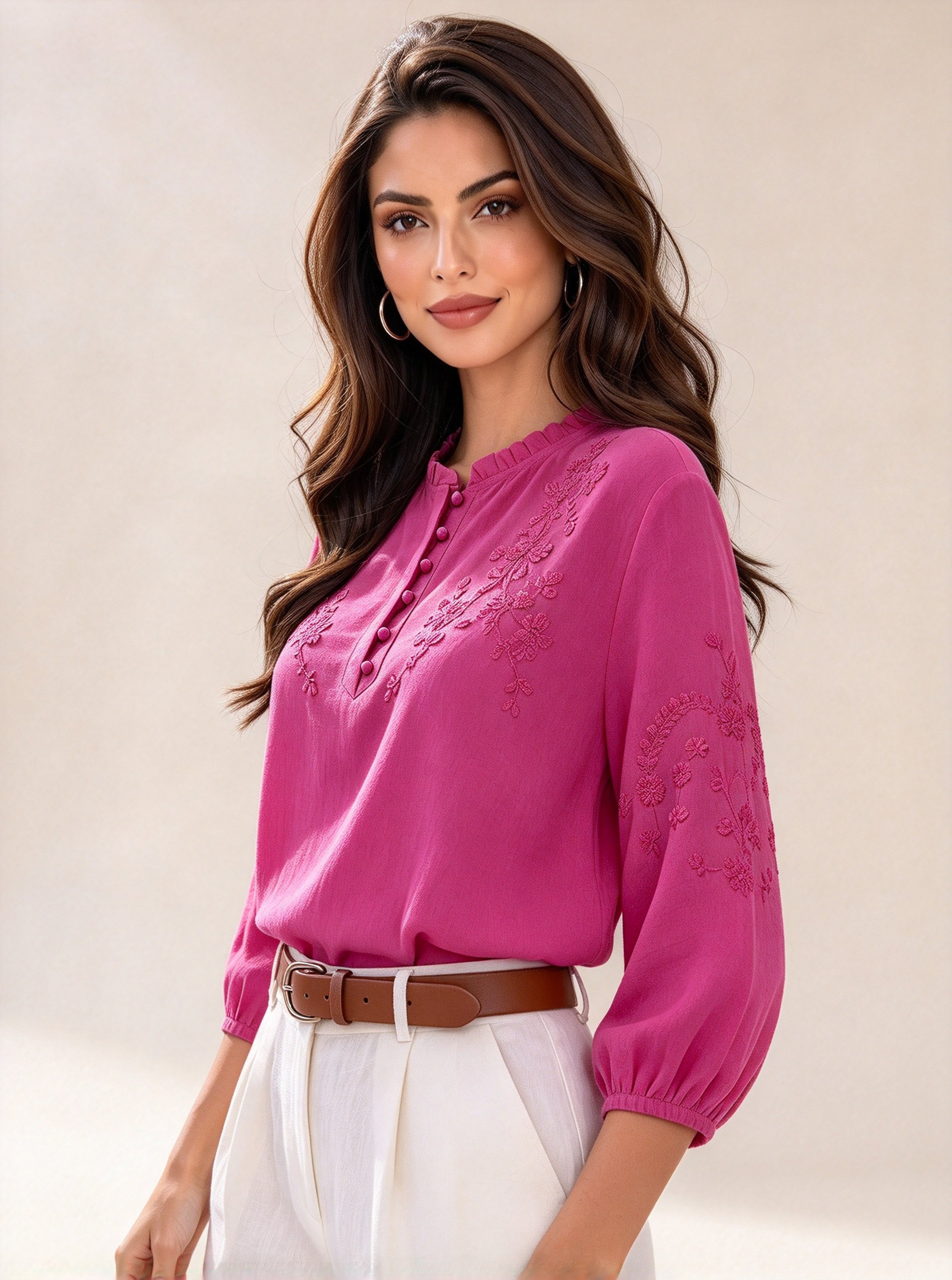 Magenta Embroidered Collared Blouse