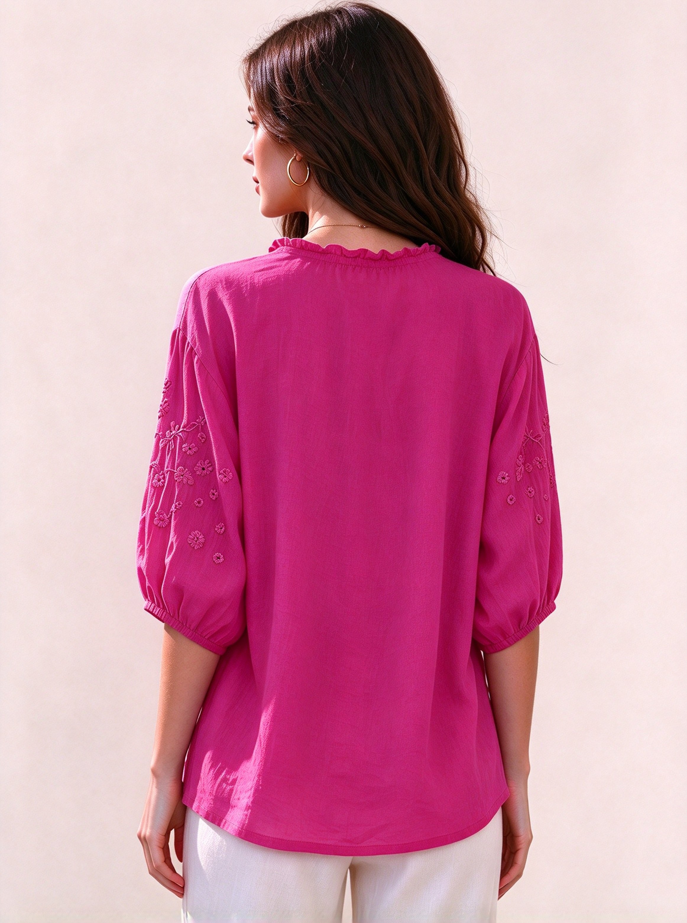 Magenta Embroidered Collared Blouse