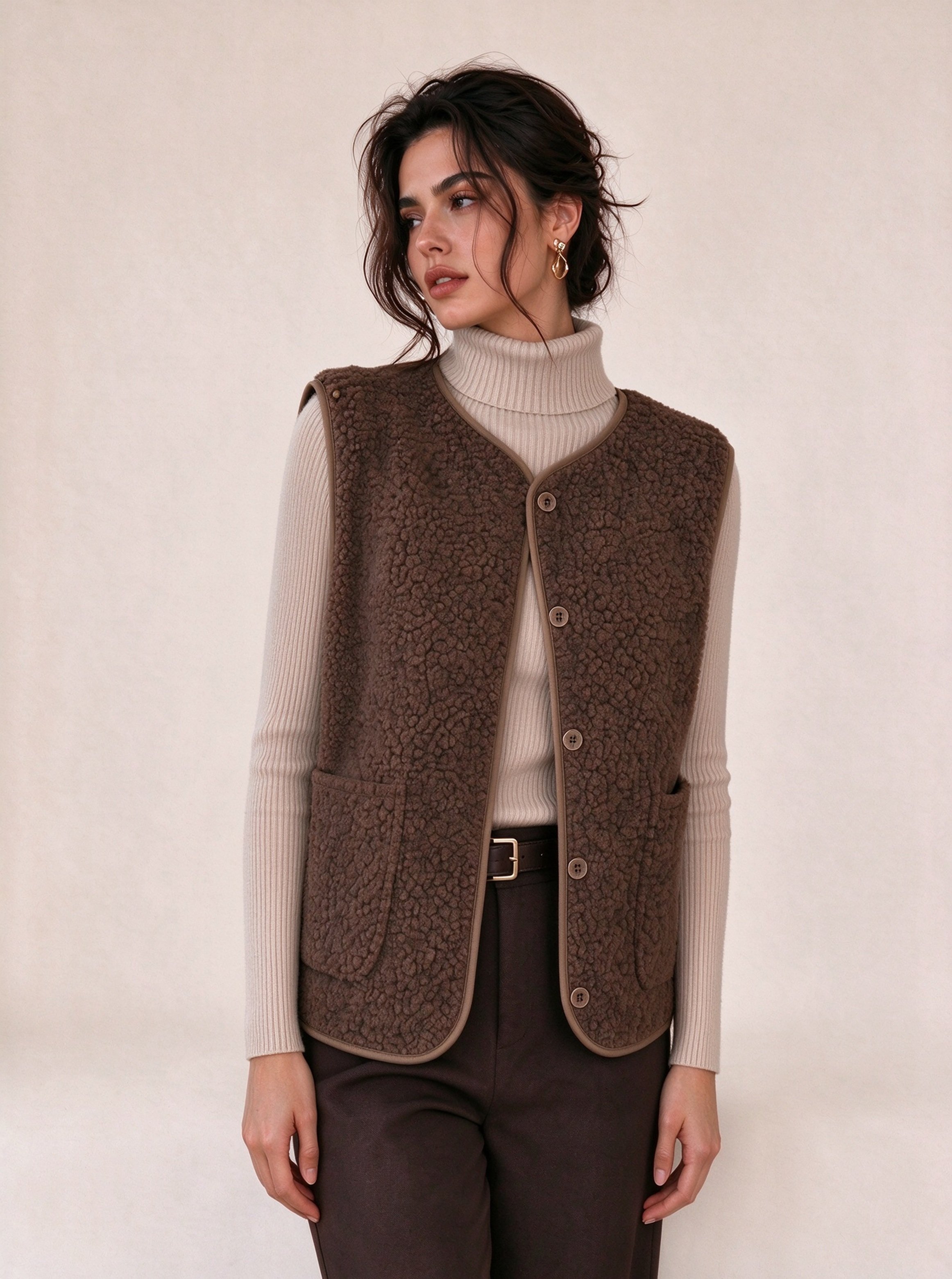 Brown Solid Regular Gilet with Long Sleeves