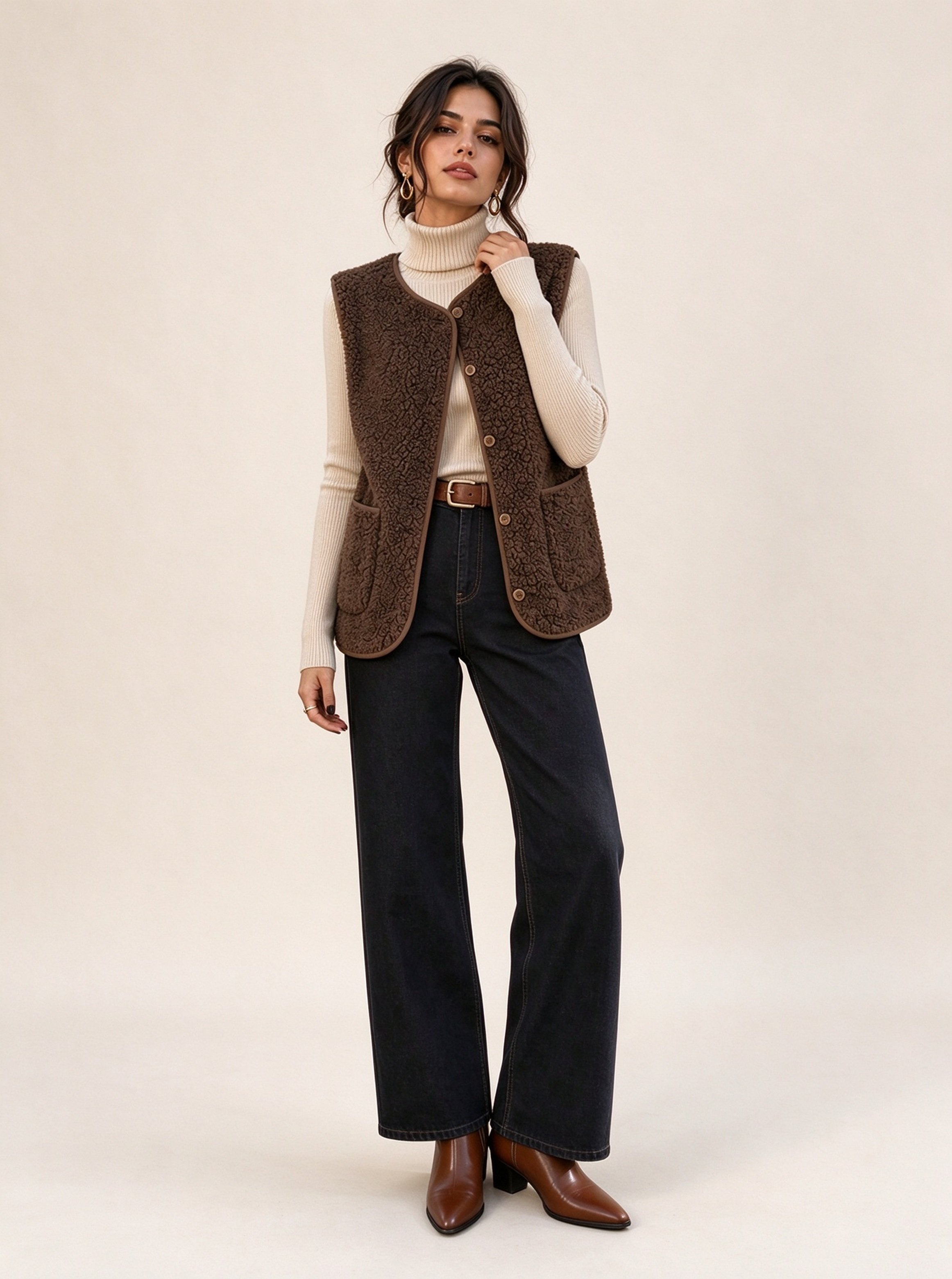 Brown Solid Regular Gilet with Long Sleeves
