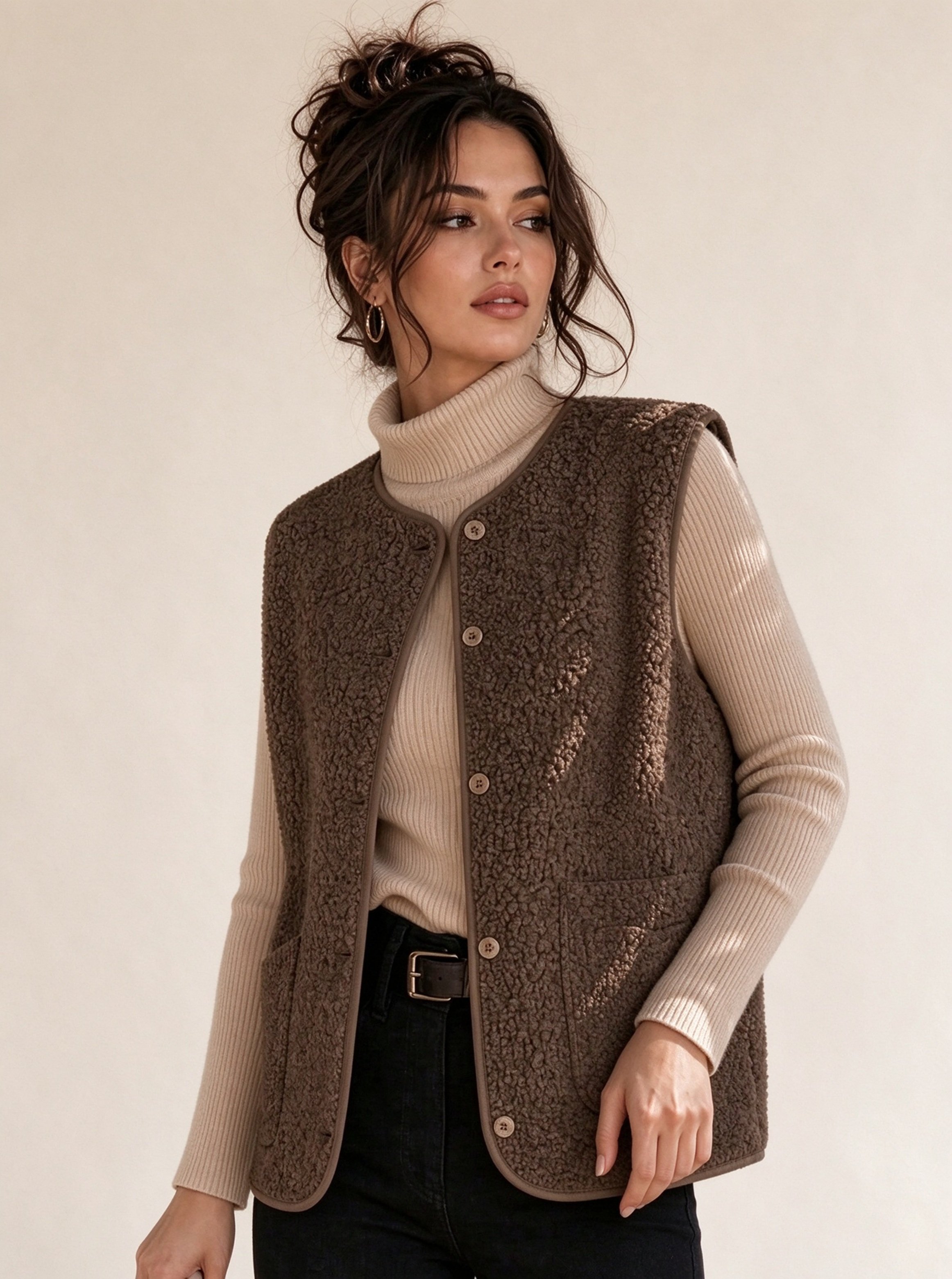 Brown Solid Regular Gilet with Long Sleeves