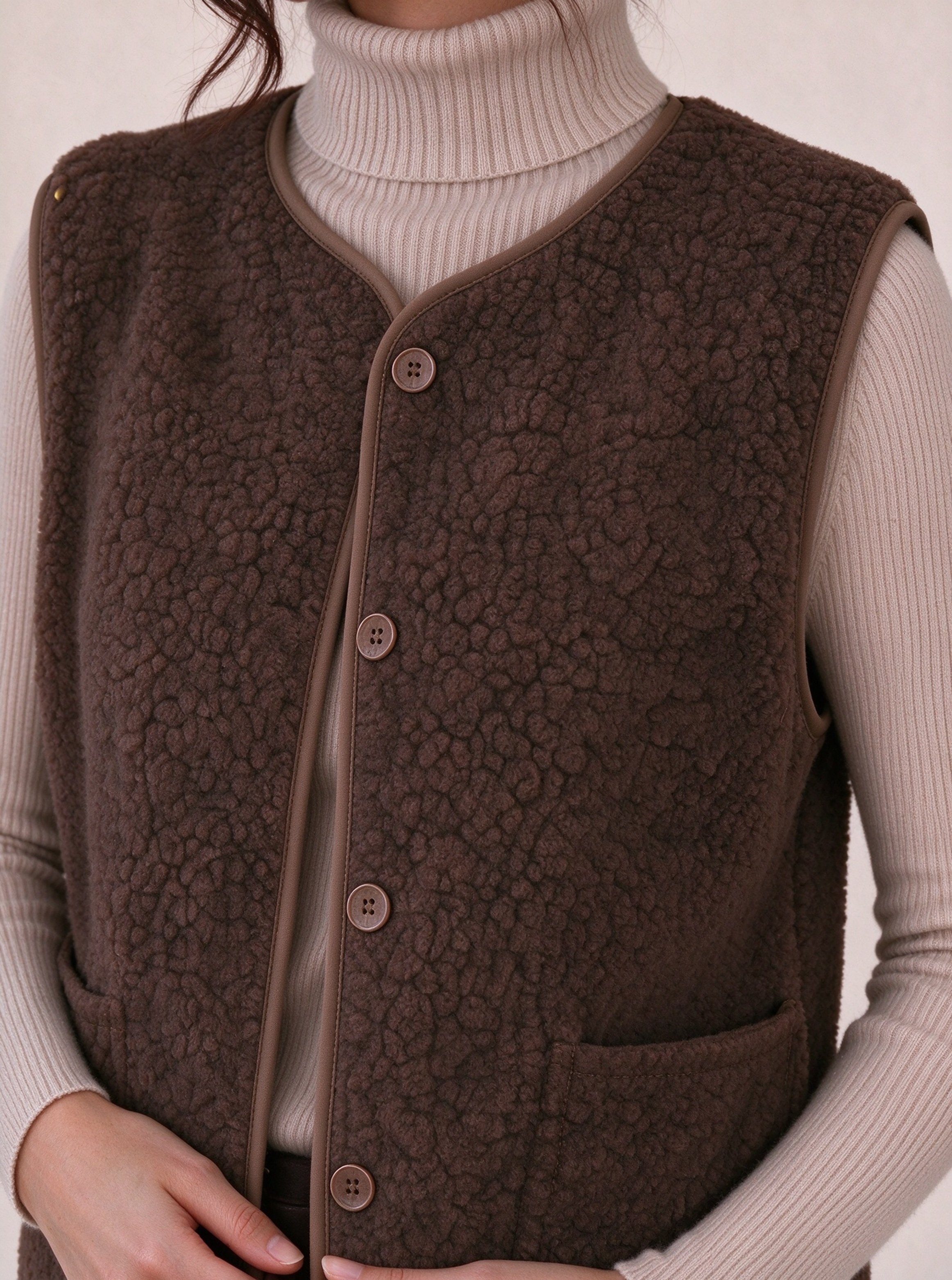 Brown Solid Regular Gilet with Long Sleeves