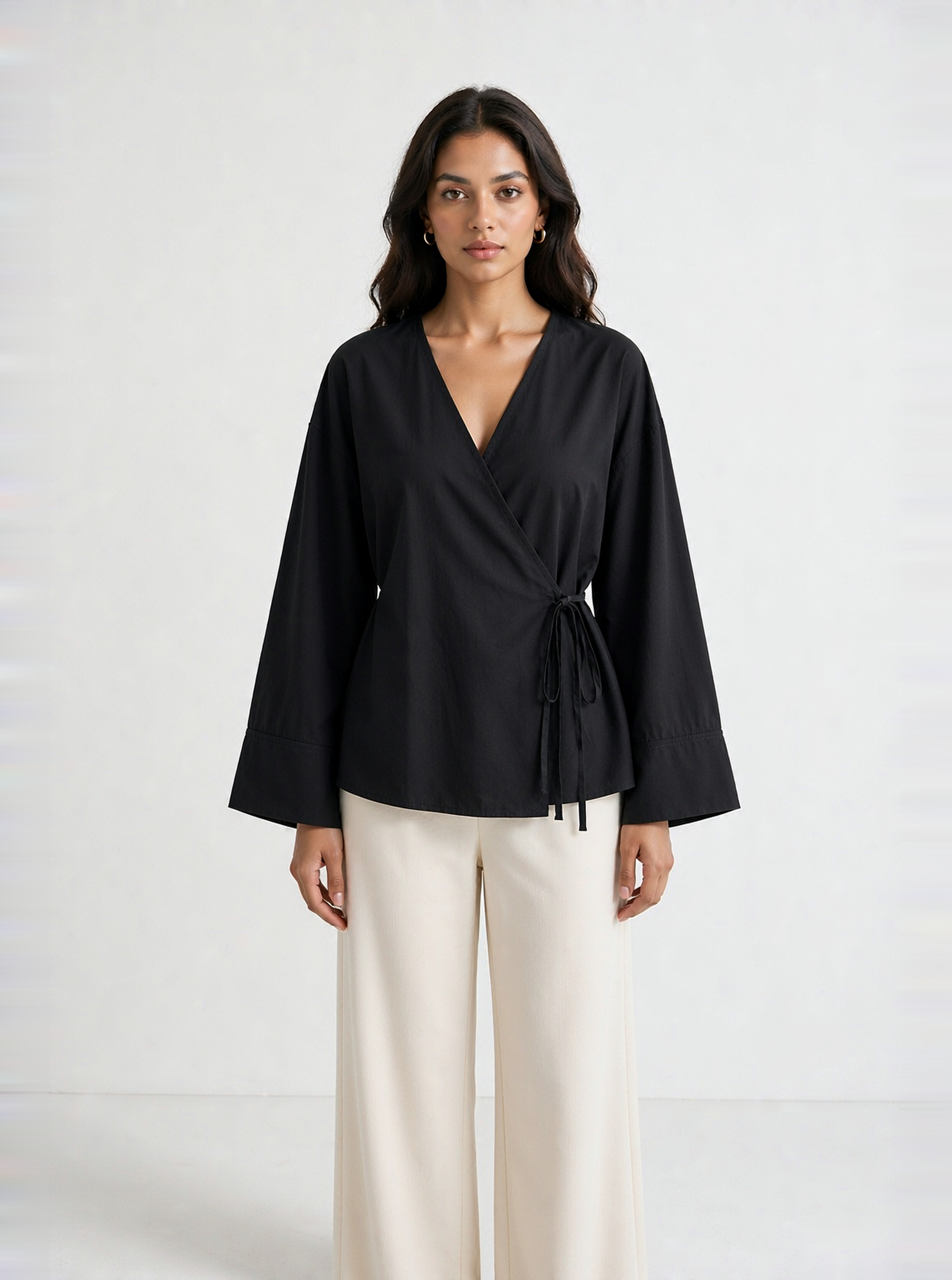 Black Solid V Neck Top