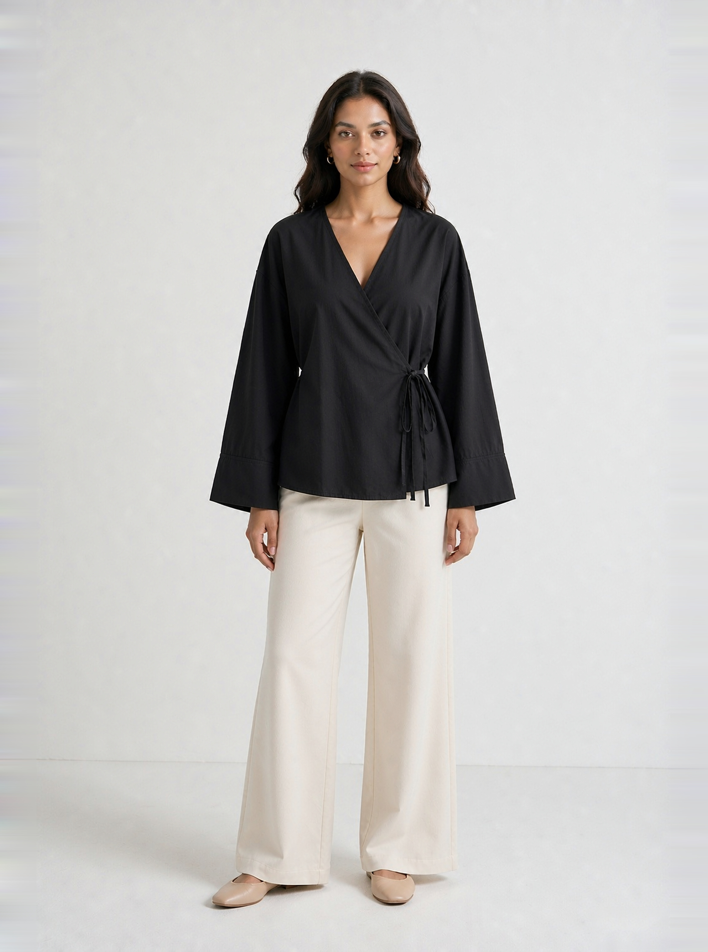 Black Solid V Neck Top