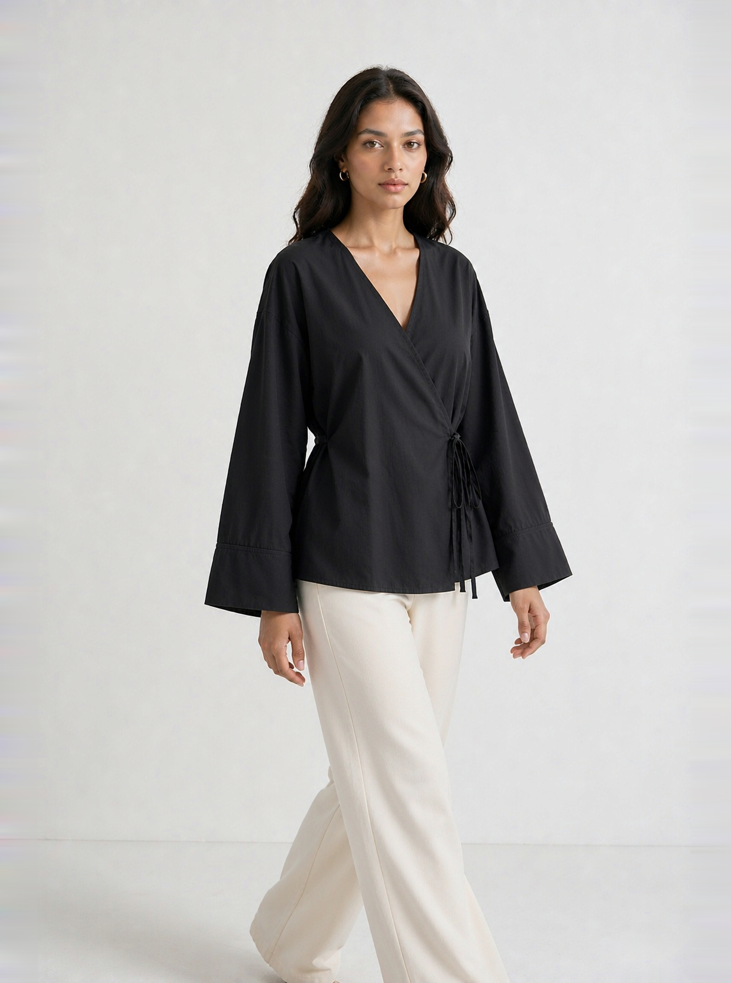Black Solid V Neck Top