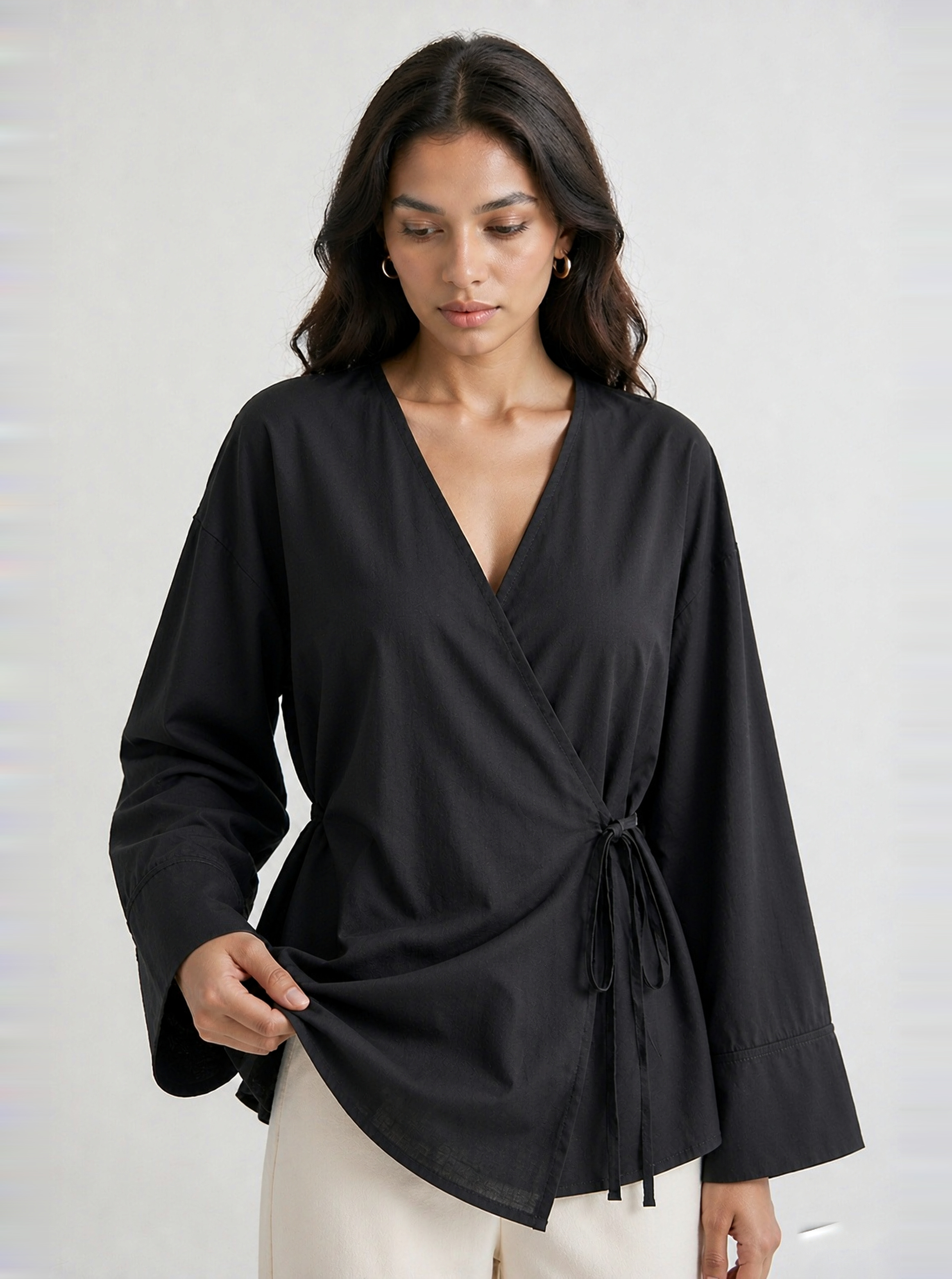 Black Solid V Neck Top