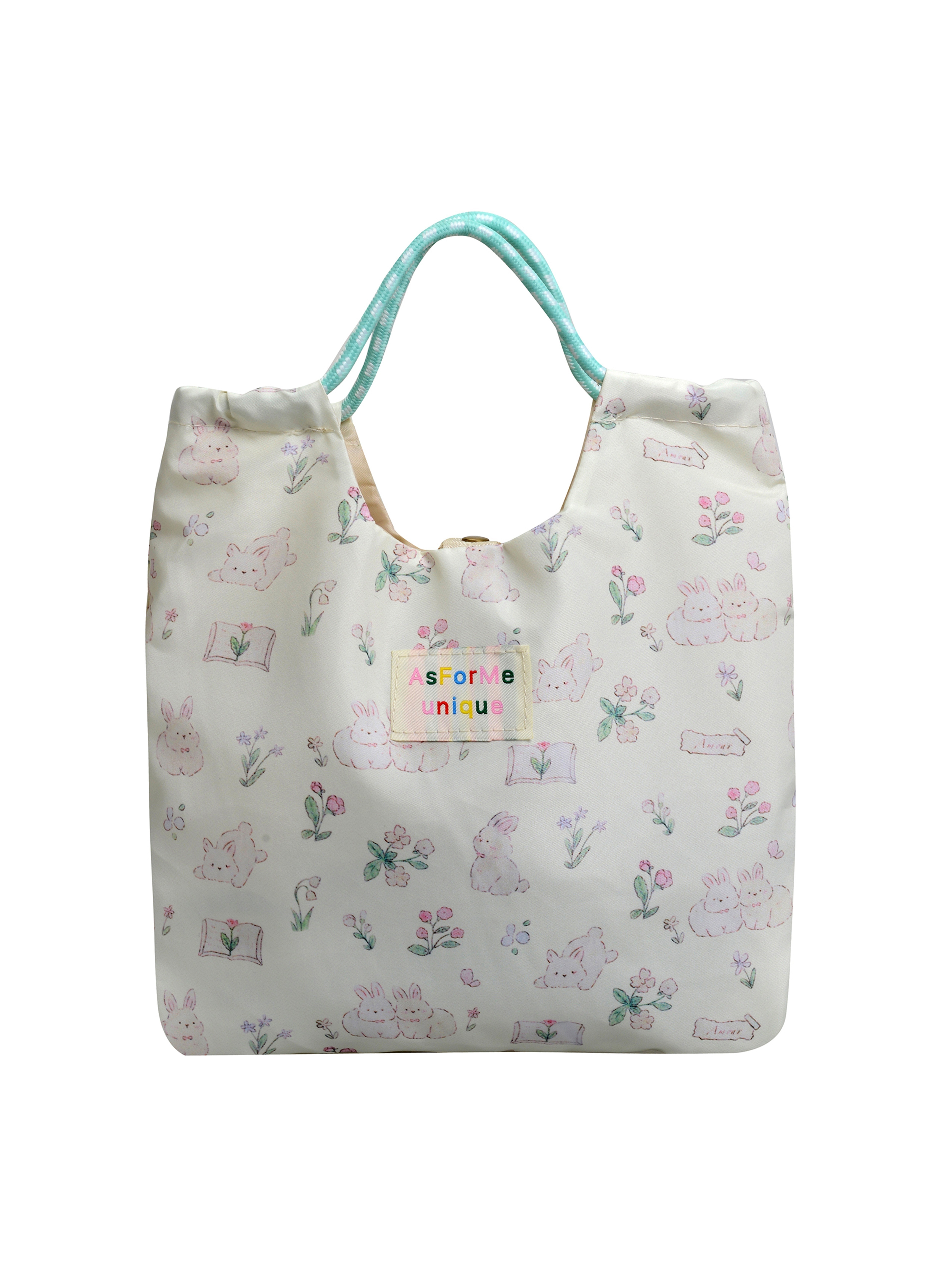 White Bunny Print Tote Bag with Rope Handles