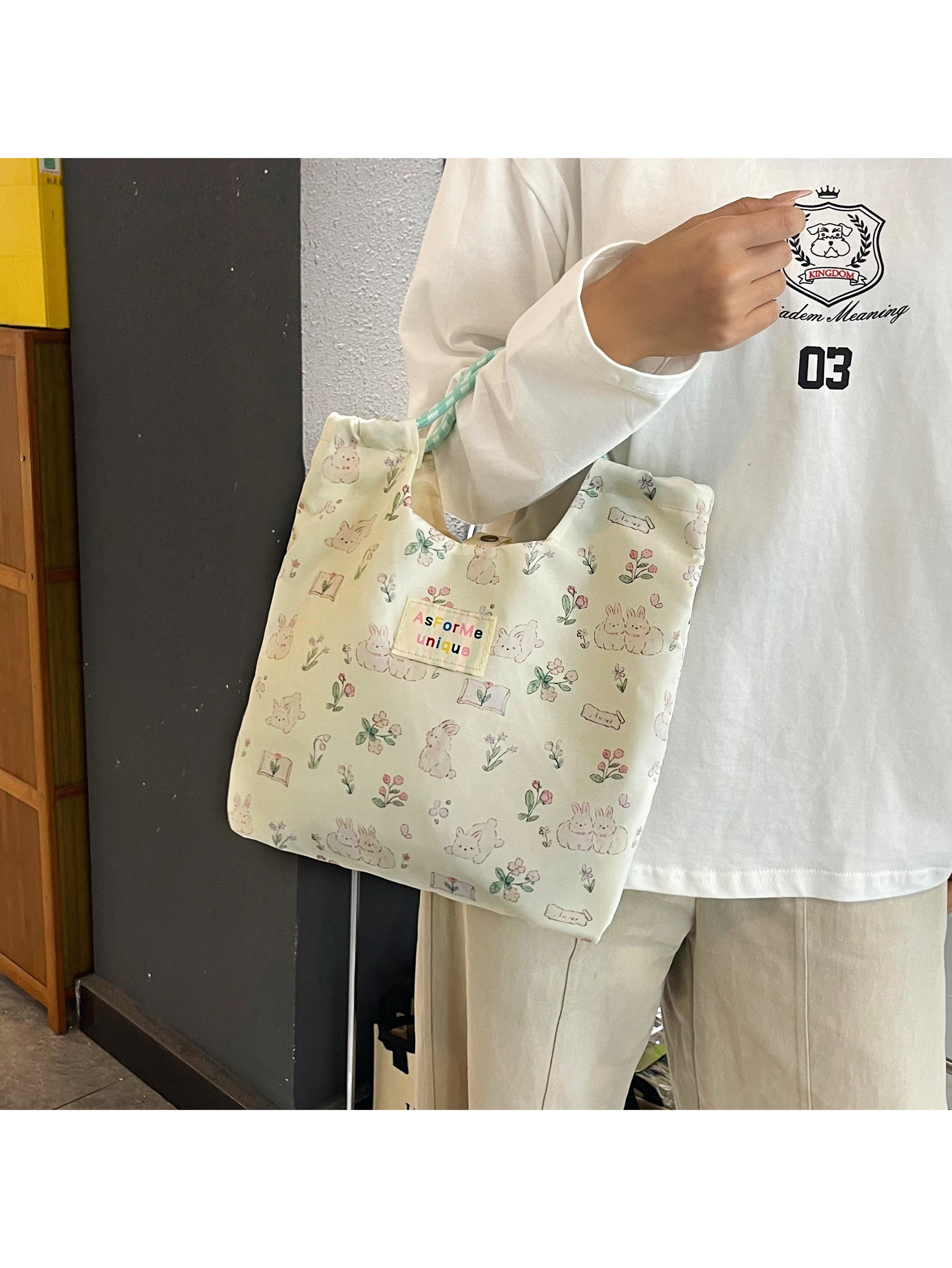 White Bunny Print Tote Bag with Rope Handles