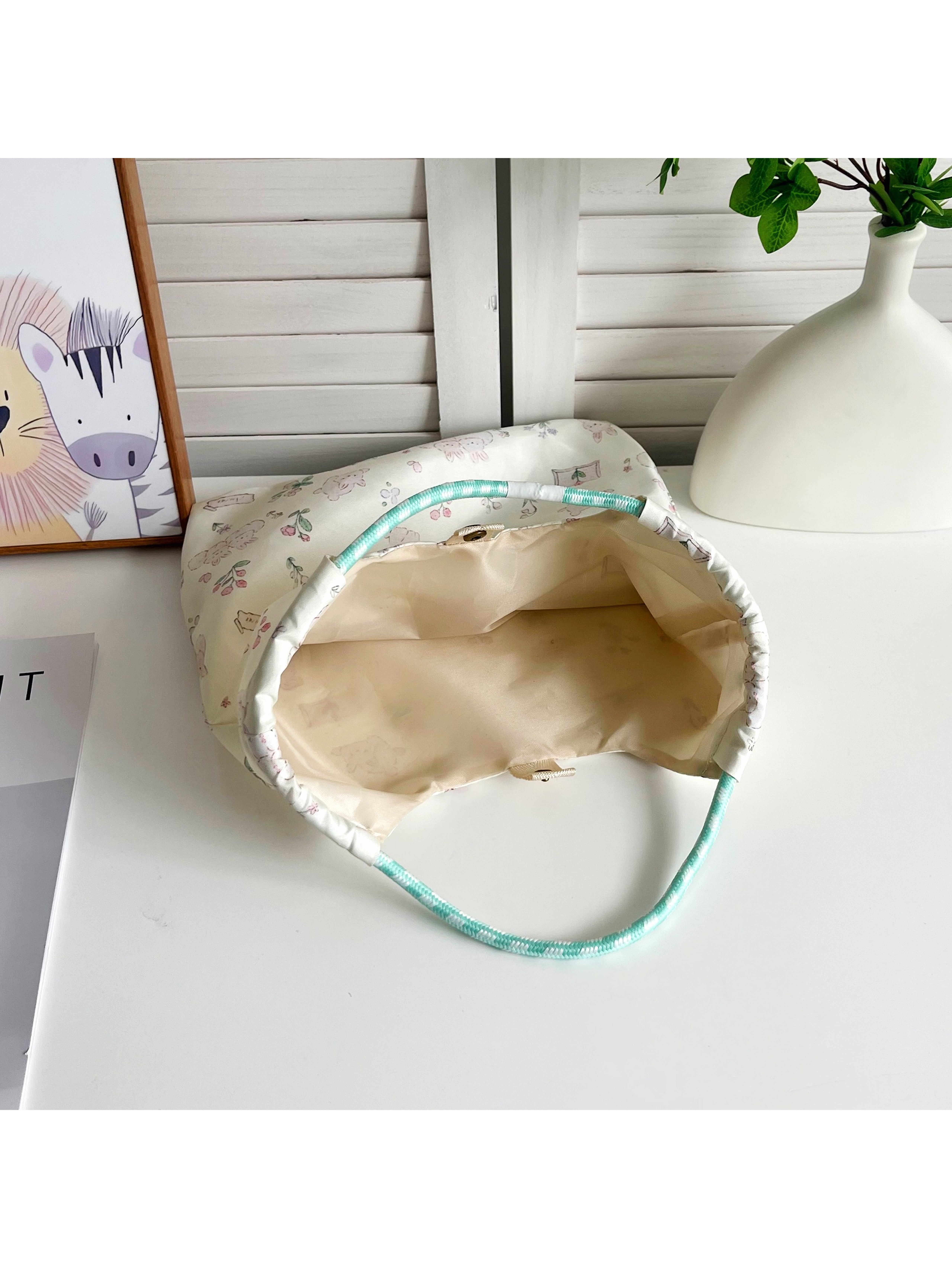 White Bunny Print Tote Bag with Rope Handles