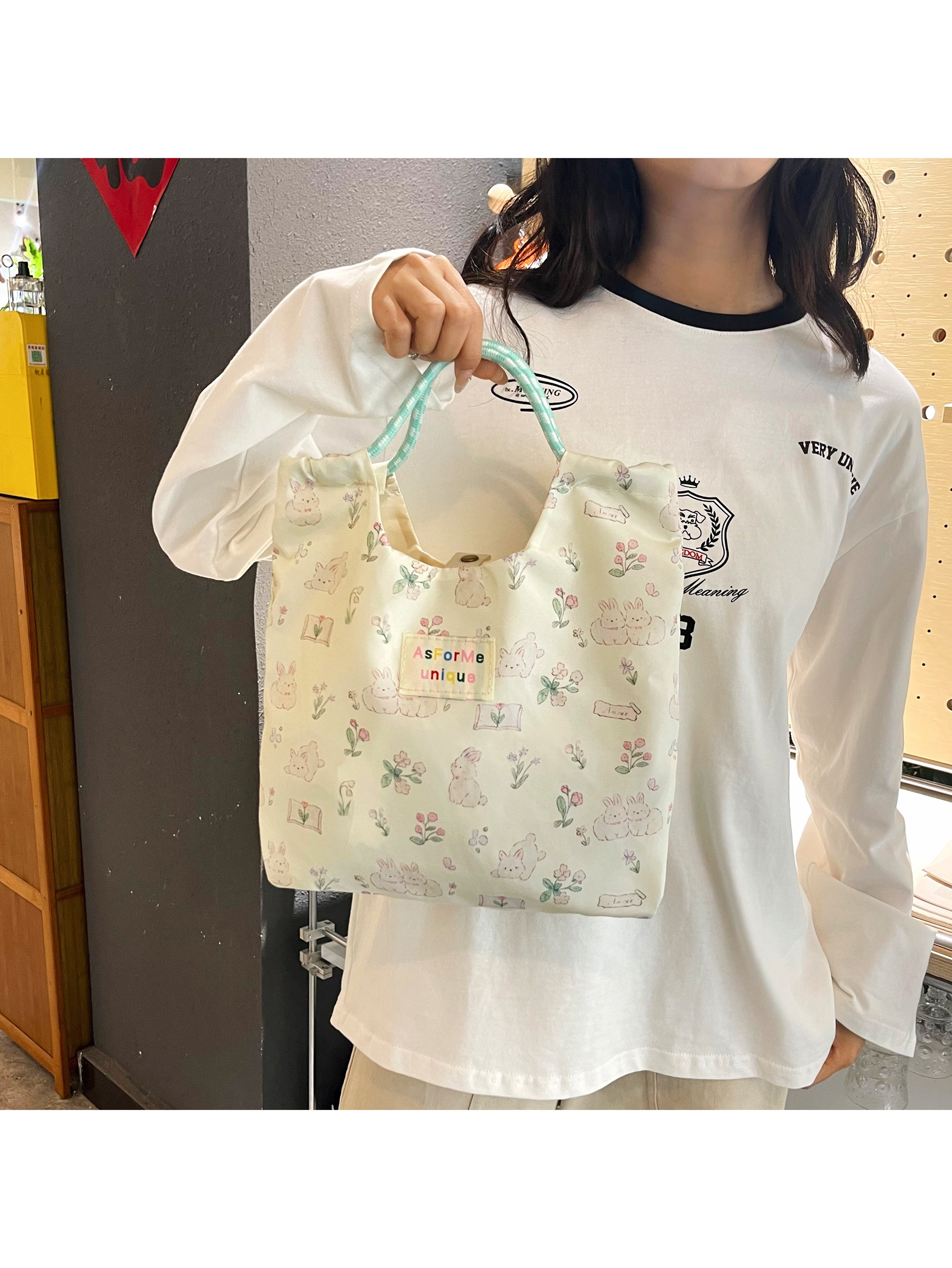 White Bunny Print Tote Bag with Rope Handles