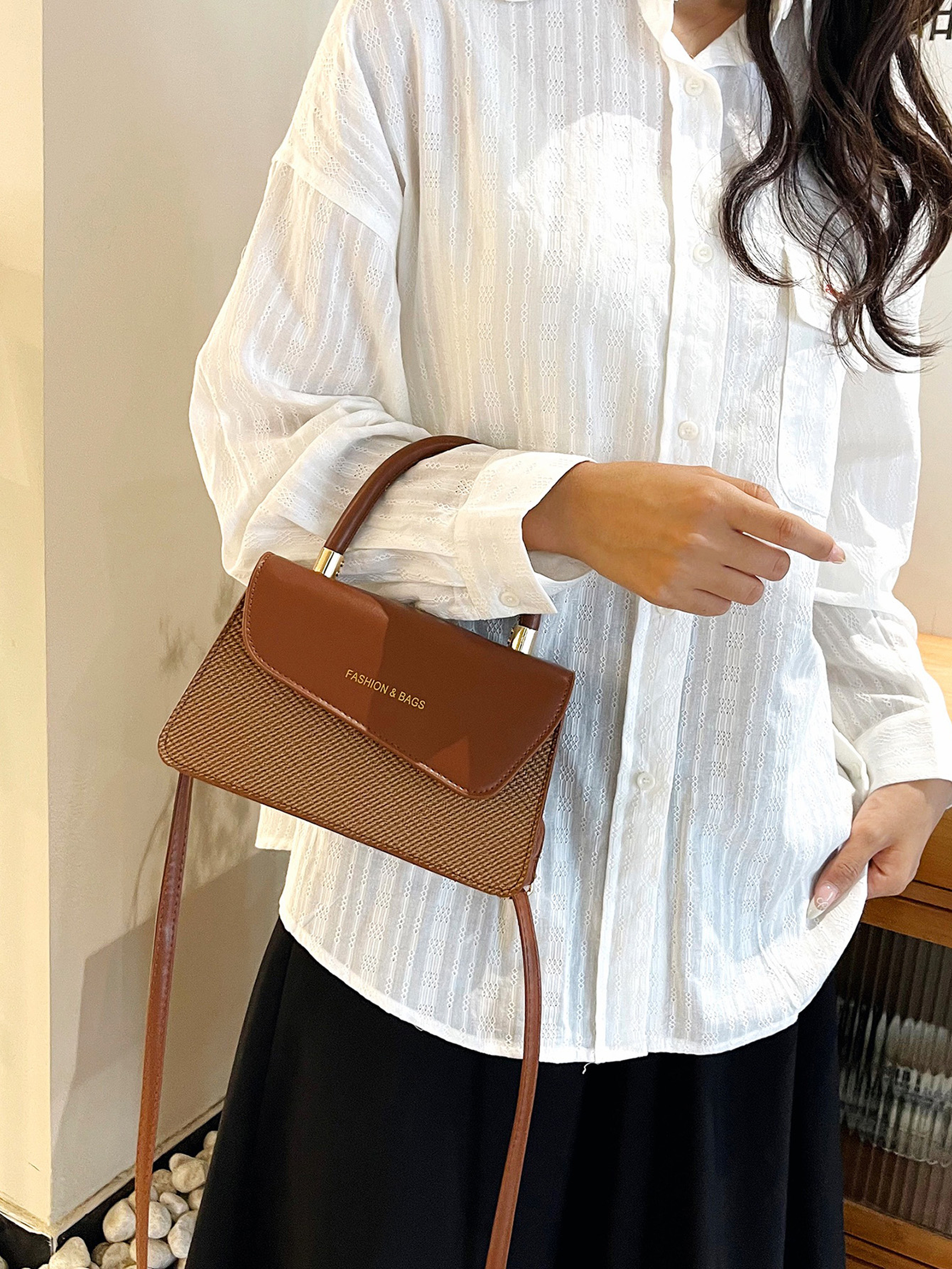 Brown Handbag with Flap Closure