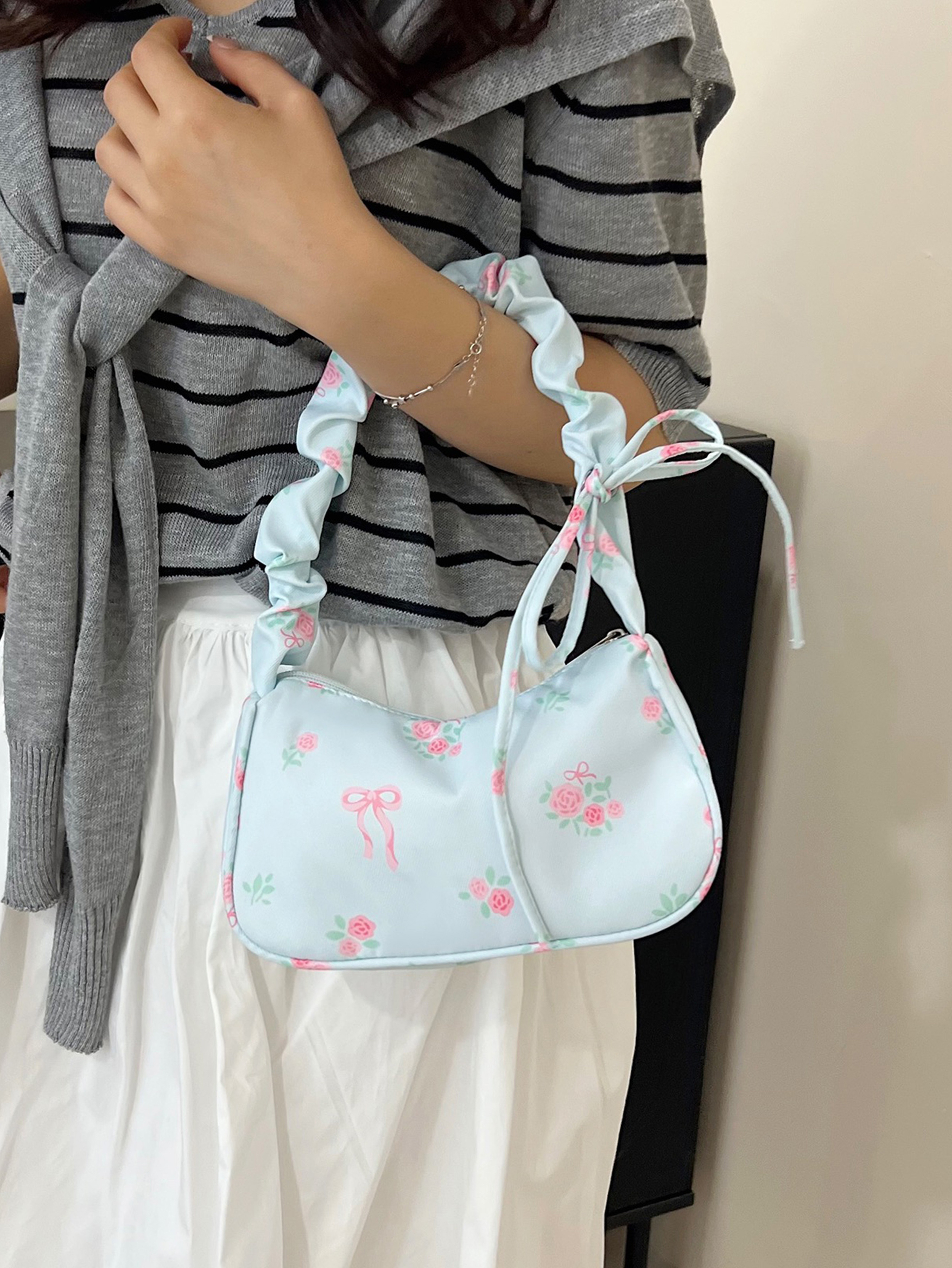 Light Blue Shoulder Bag with Zip Closure