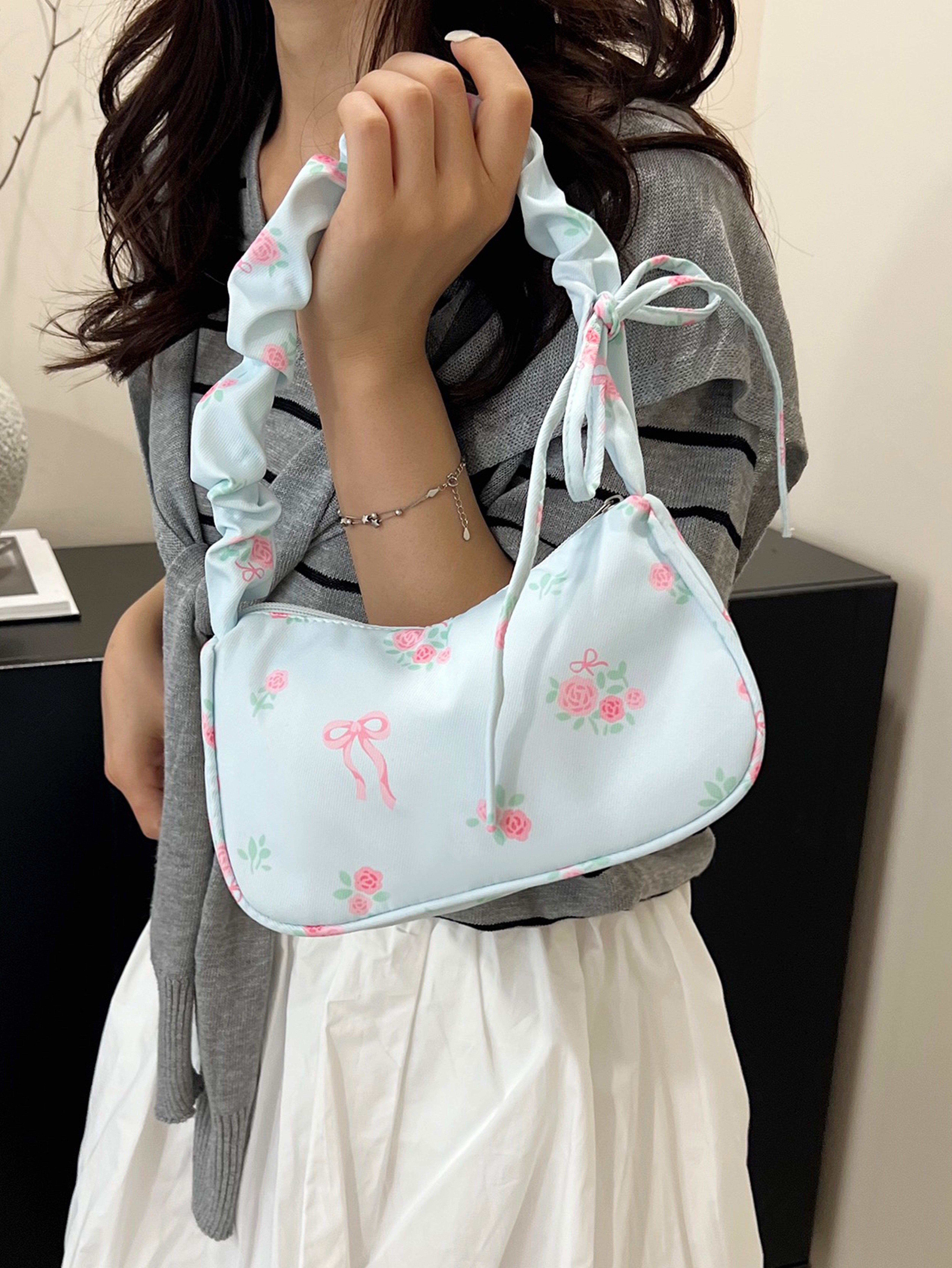Light Blue Shoulder Bag with Zip Closure
