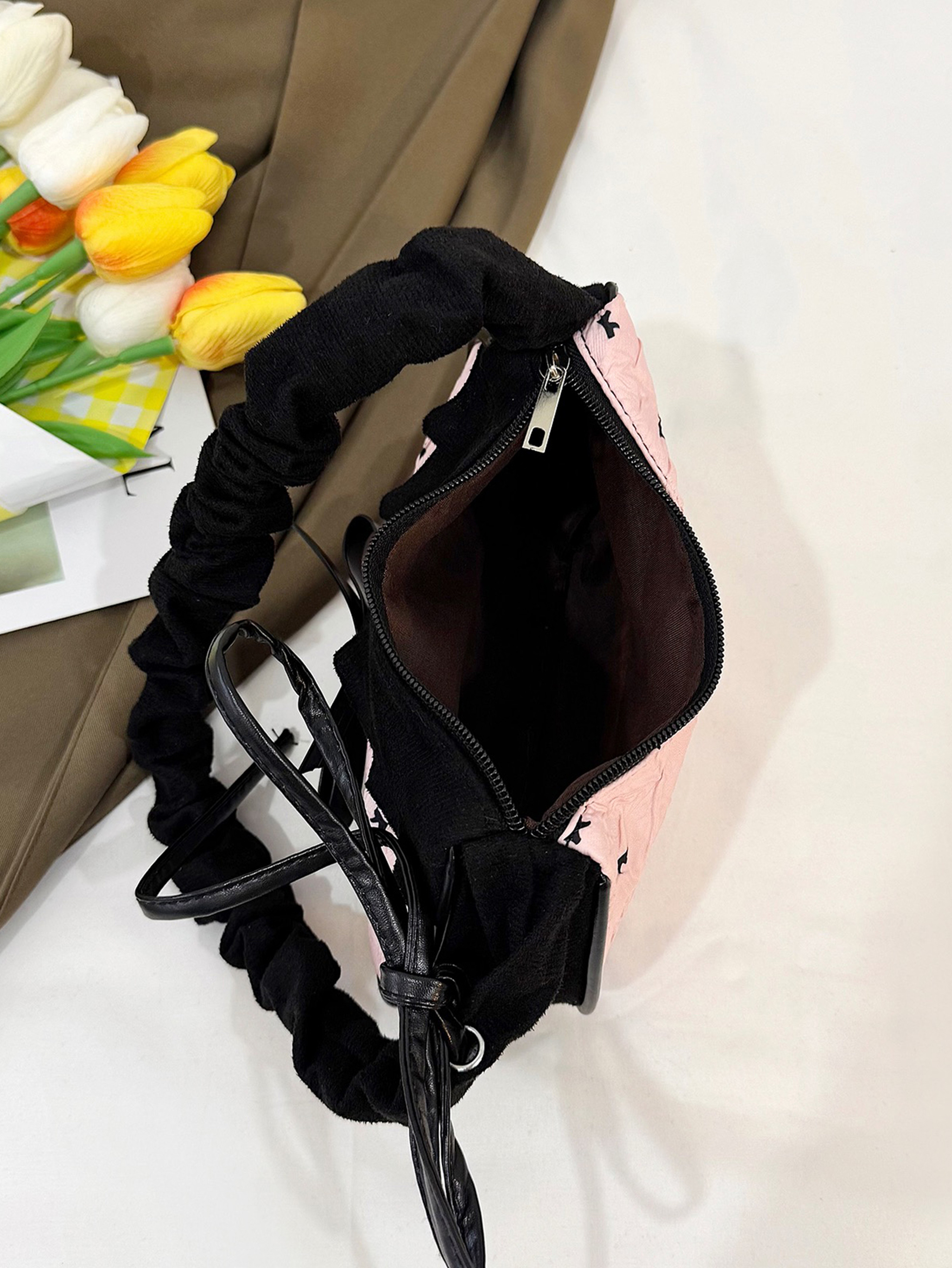 Black and Pink Shoulder Bag with Zip Closure
