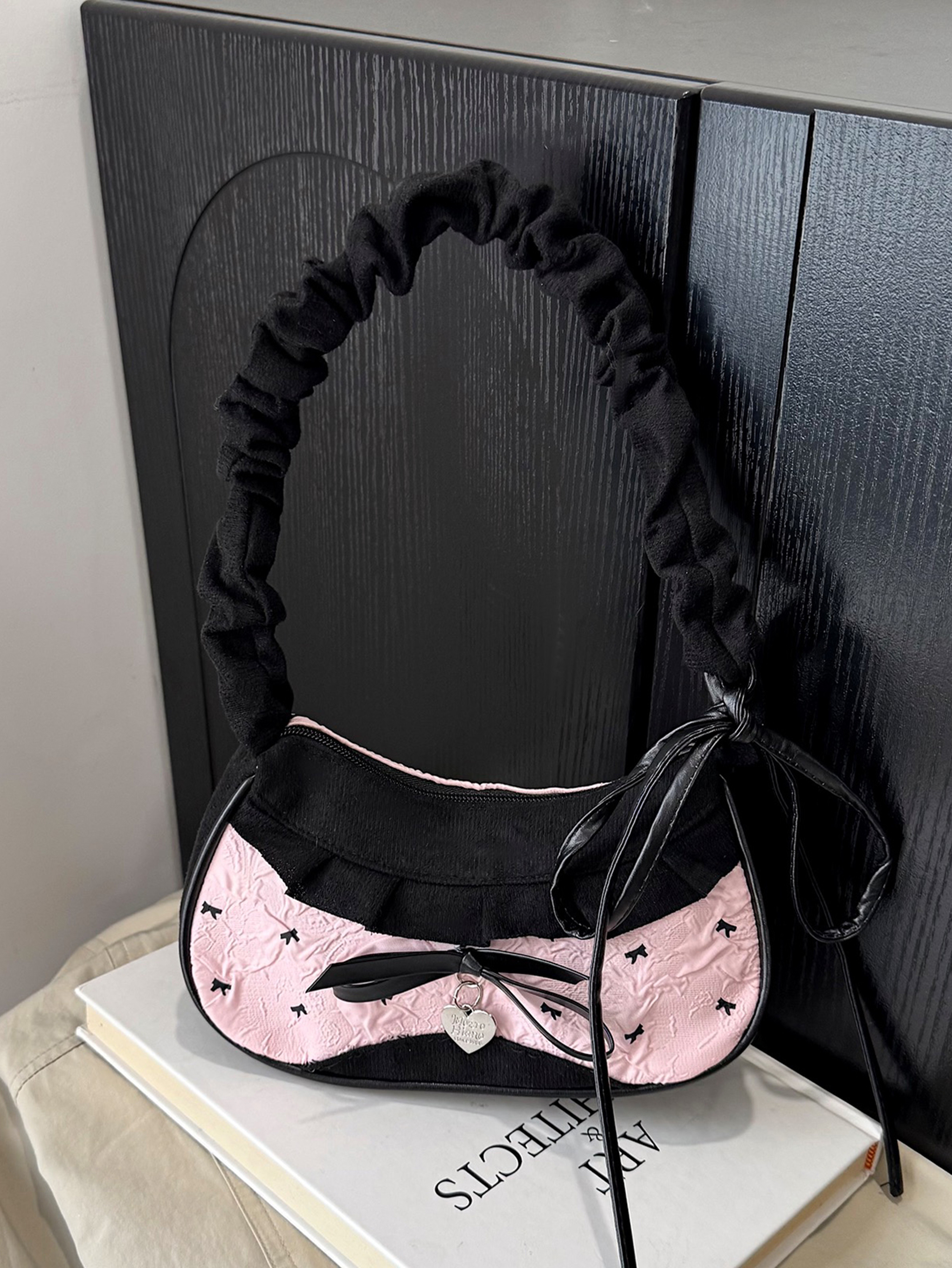 Black and Pink Shoulder Bag with Zip Closure