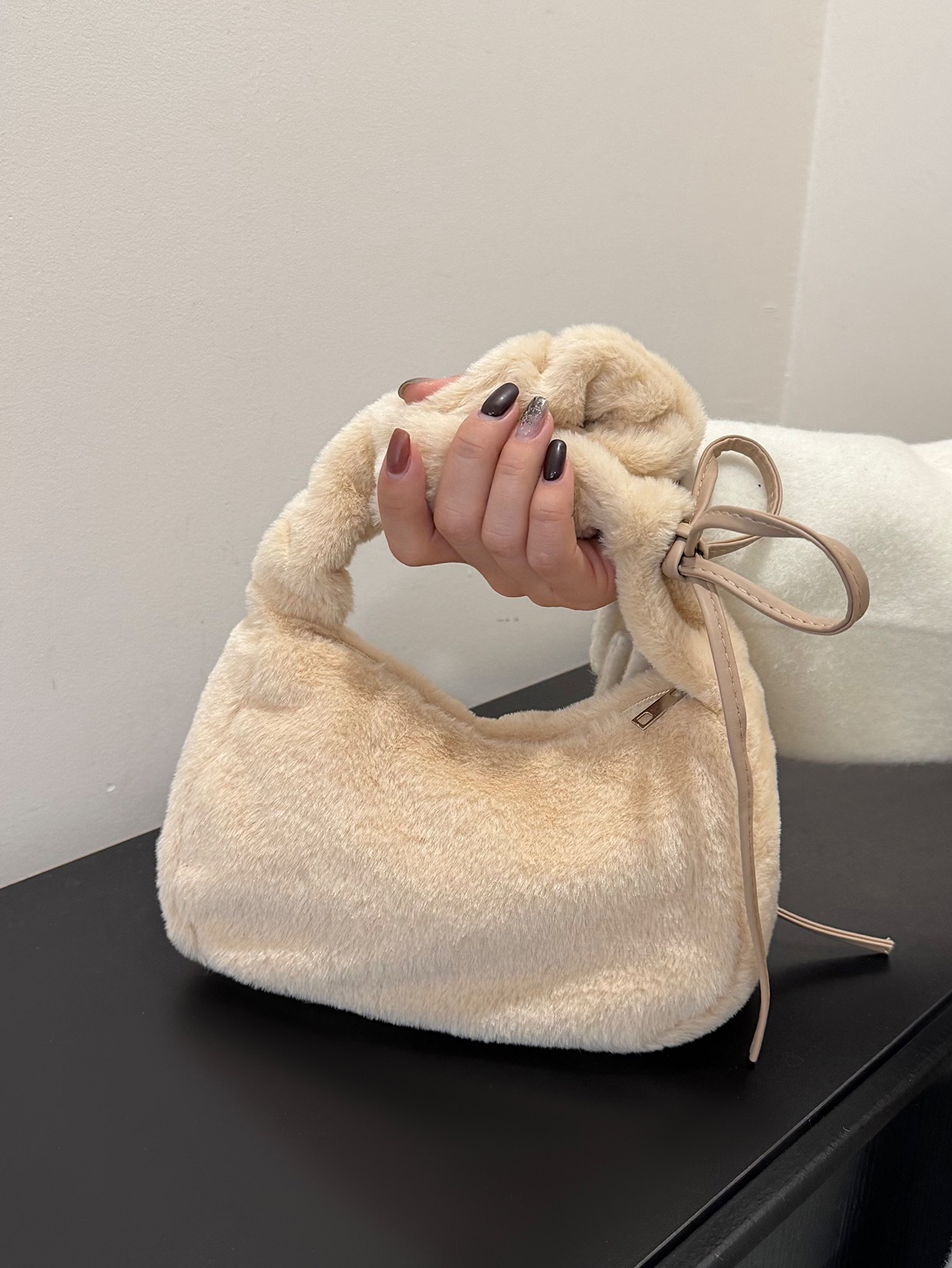 Cream Faux Fur Ruched Shoulder Bag with Bow Accent