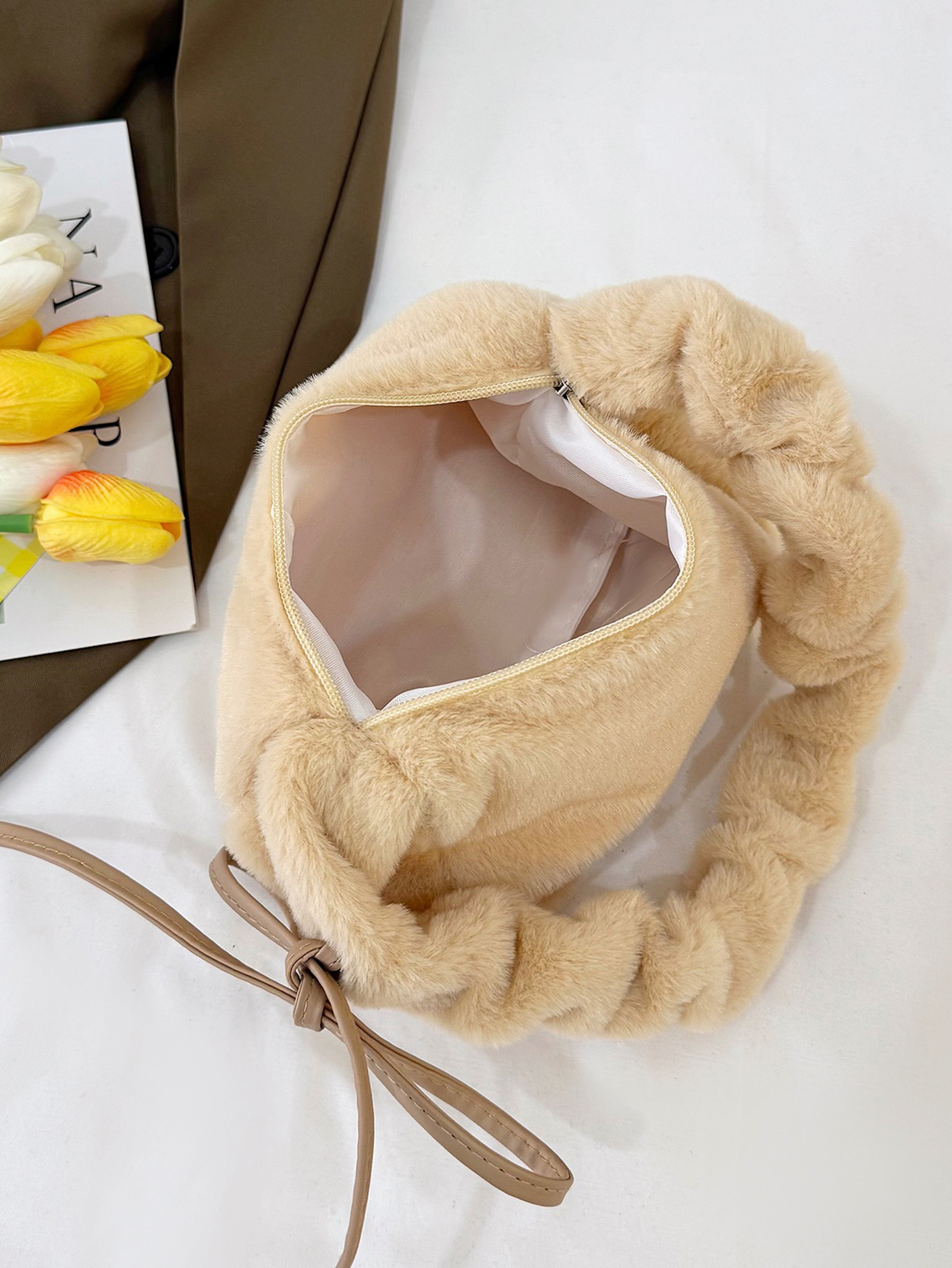 Cream Faux Fur Ruched Shoulder Bag with Bow Accent