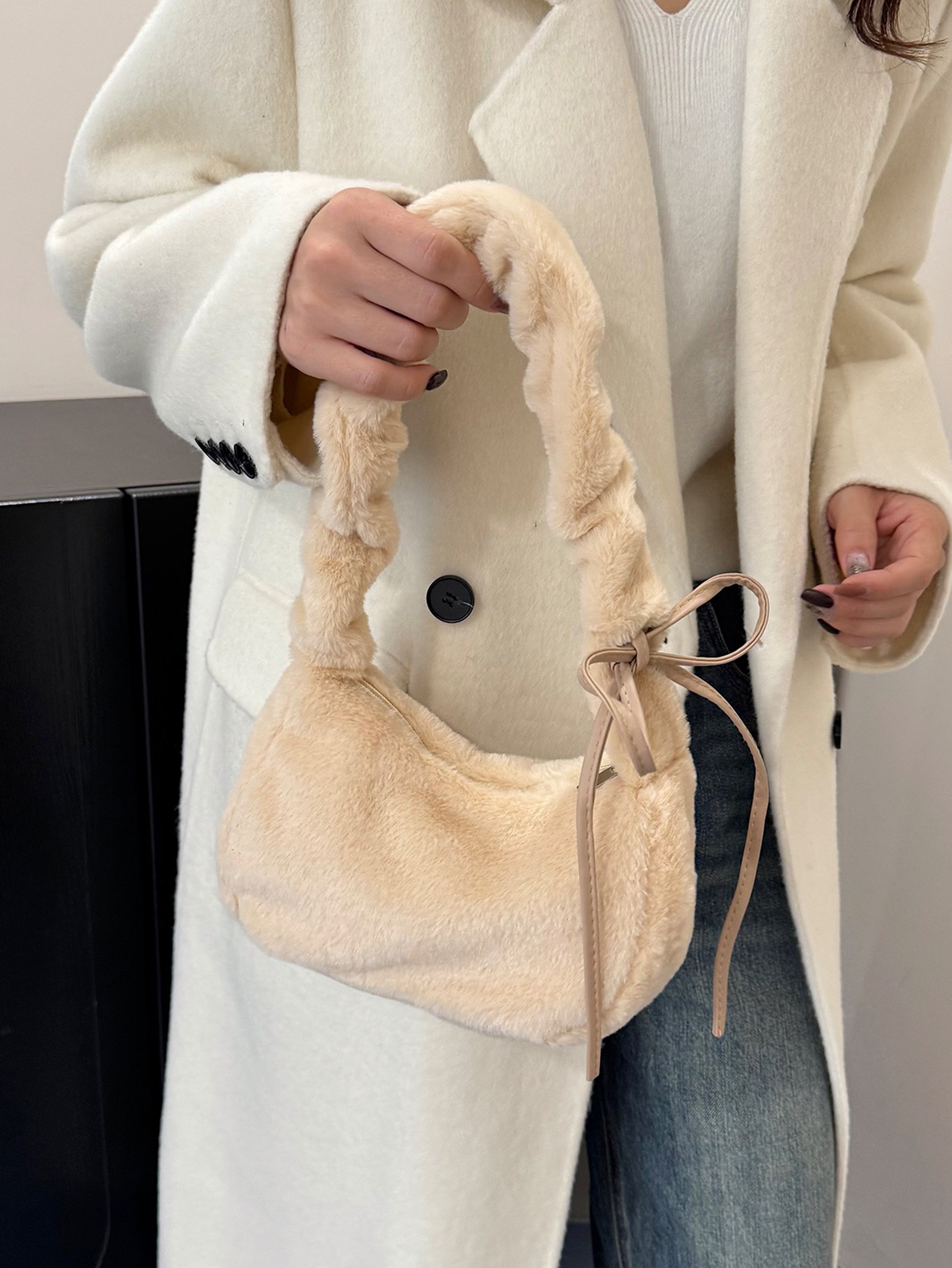 Cream Faux Fur Ruched Shoulder Bag with Bow Accent