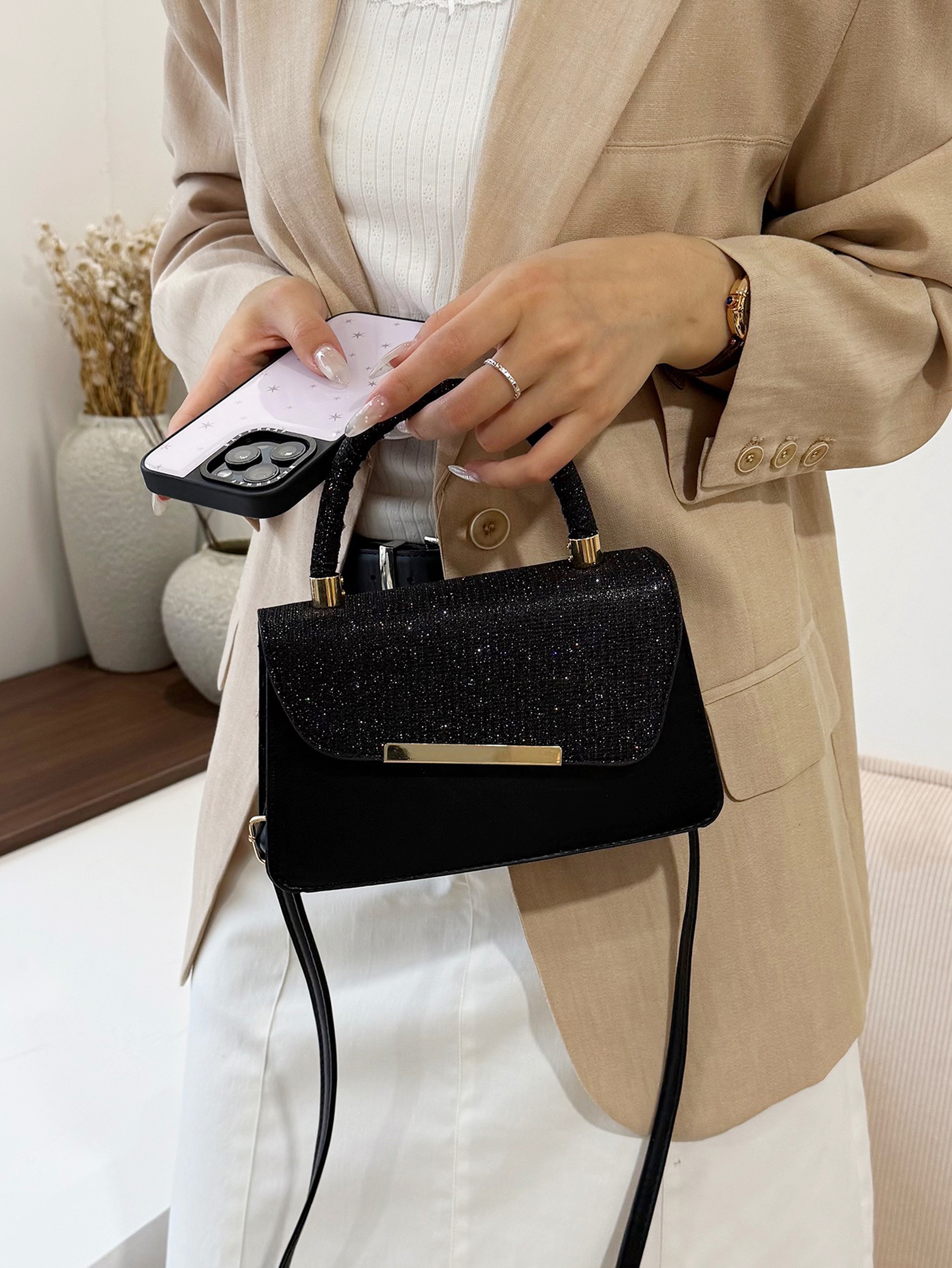 Black Glitter Handbag with Gold Accent