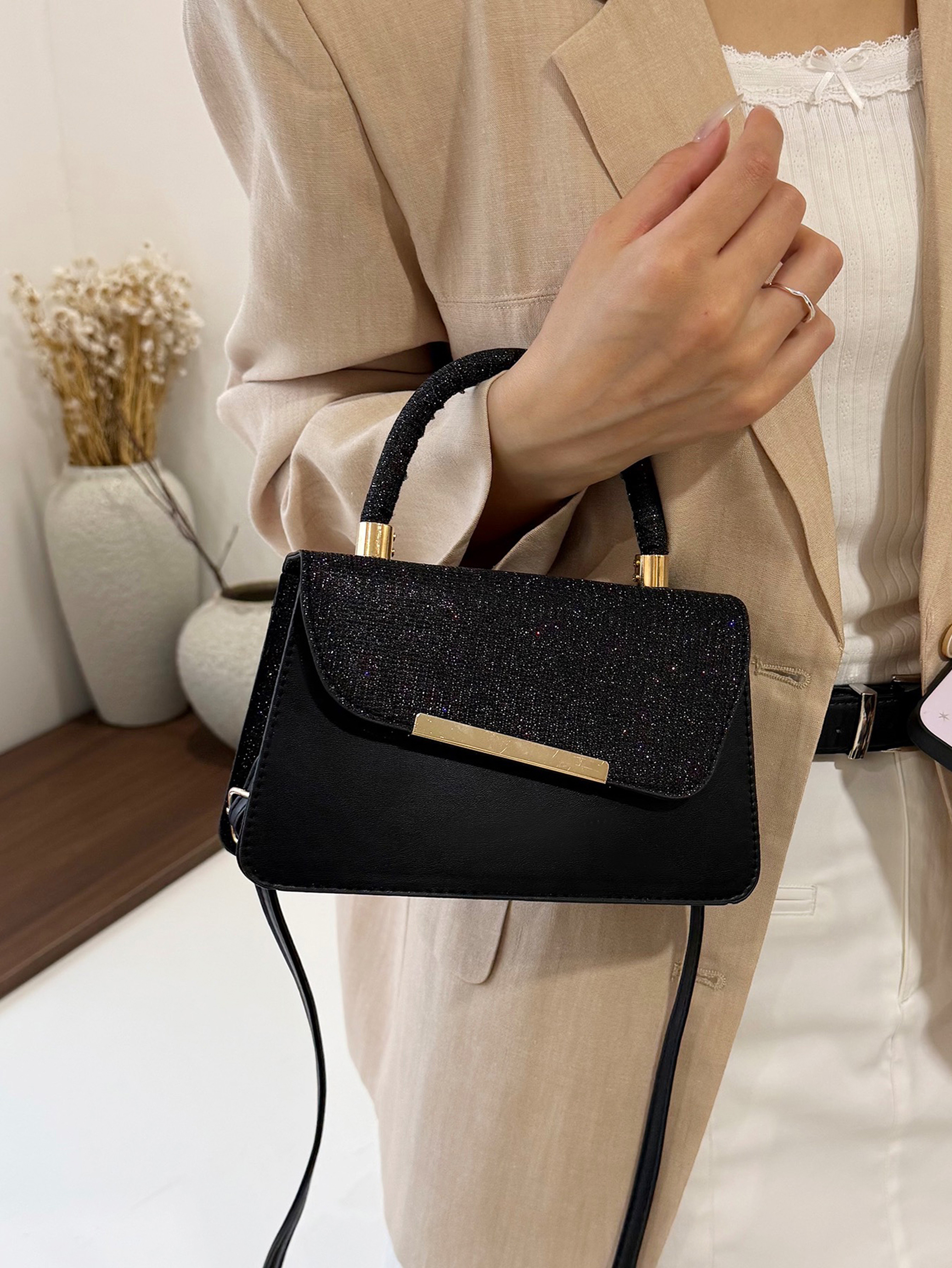 Black Glitter Handbag with Gold Accent