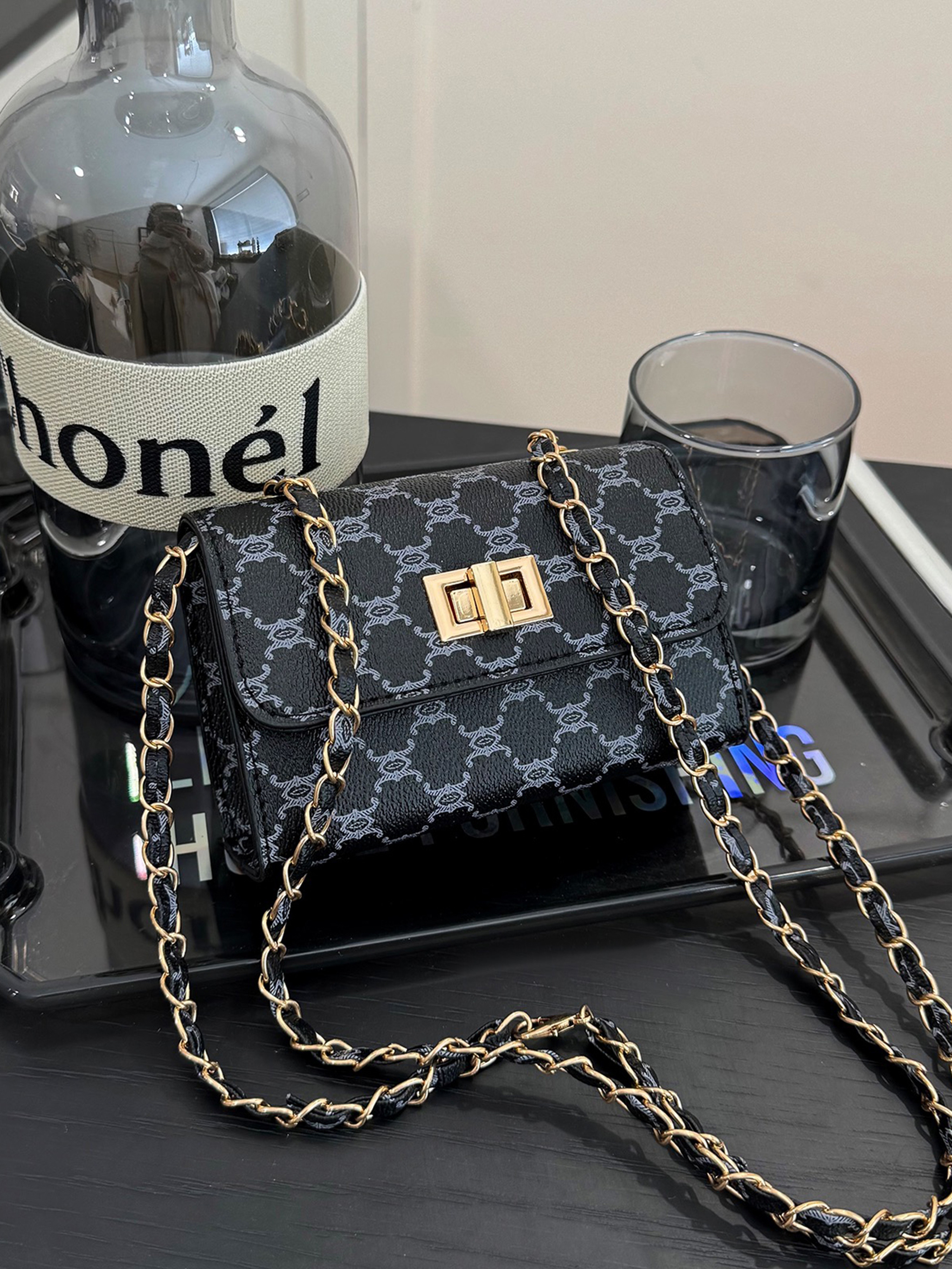 Black Crossbody Bag with Push Lock Closure