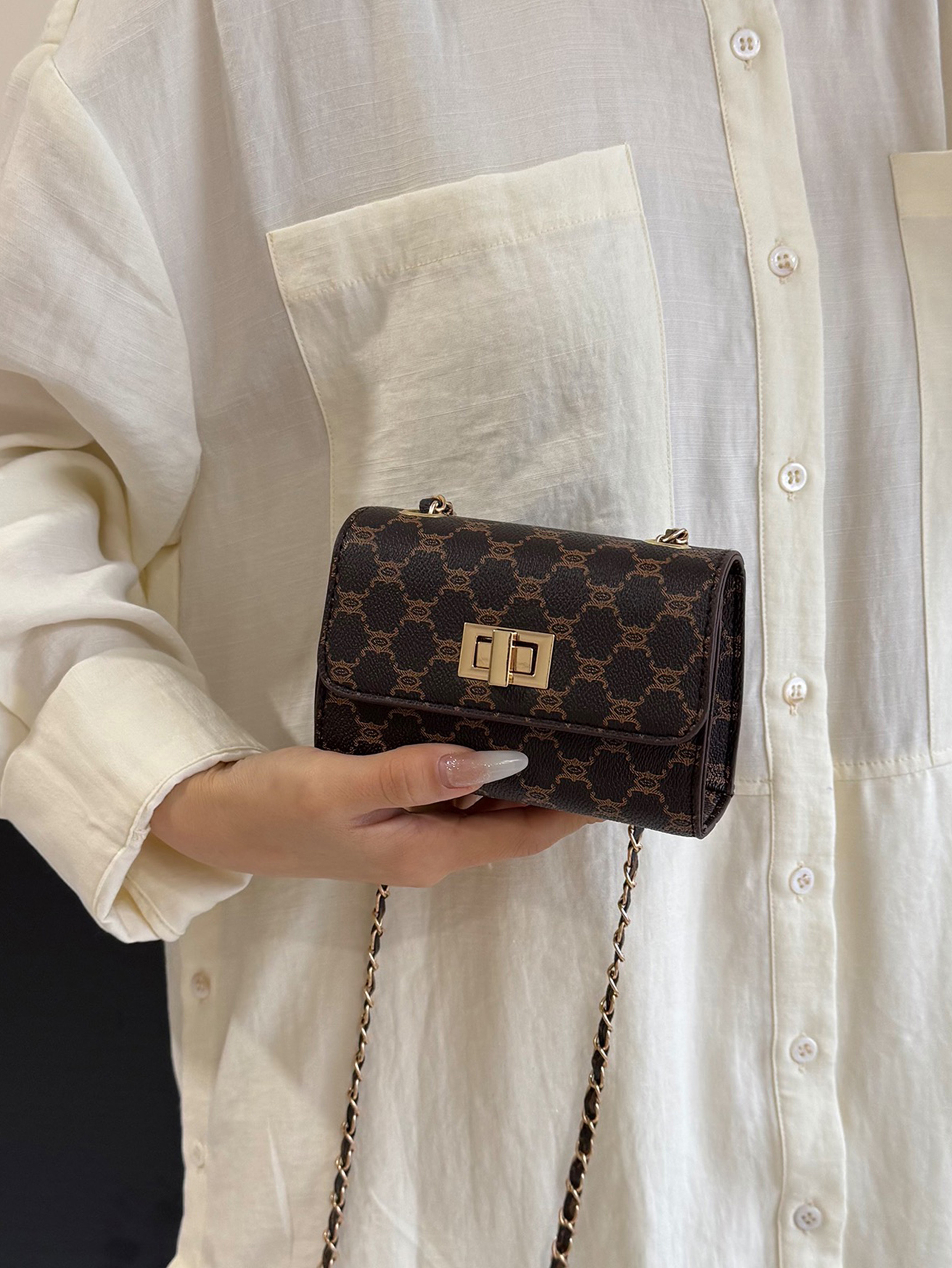 Coffee Brown Crossbody Bag with Turn Lock Closure
