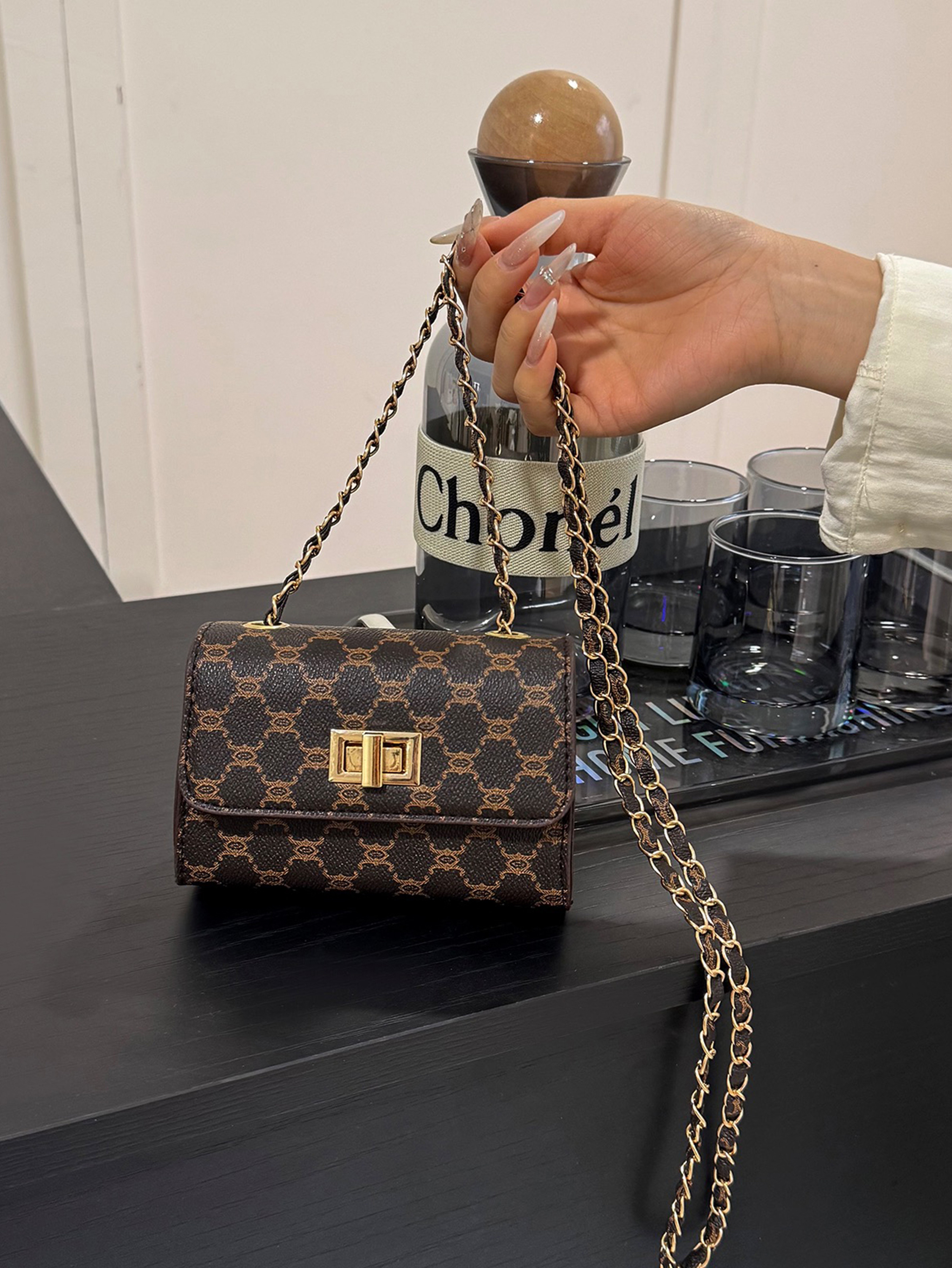 Coffee Brown Crossbody Bag with Turn Lock Closure