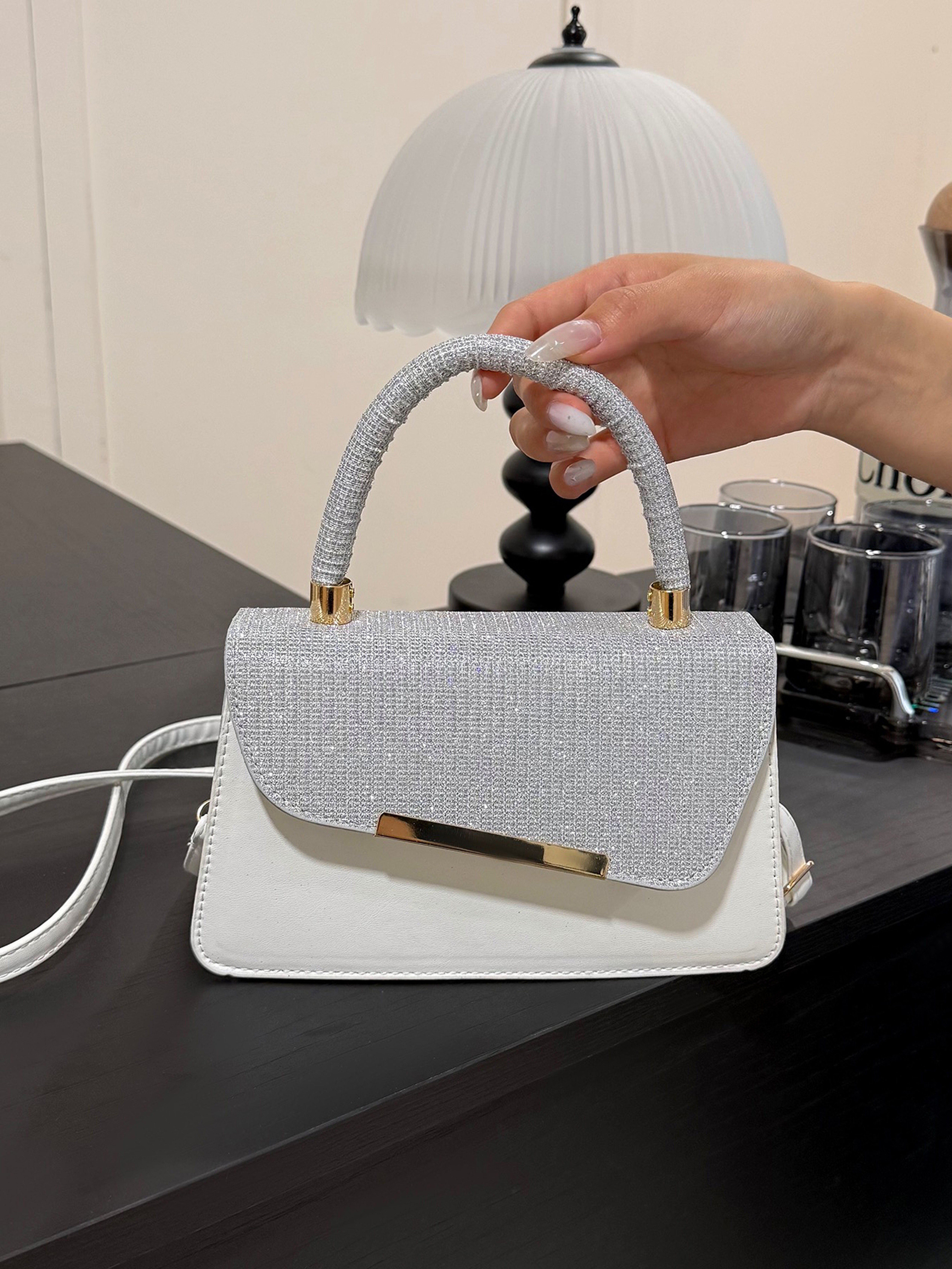 White and Silver Handbag with Top Handle