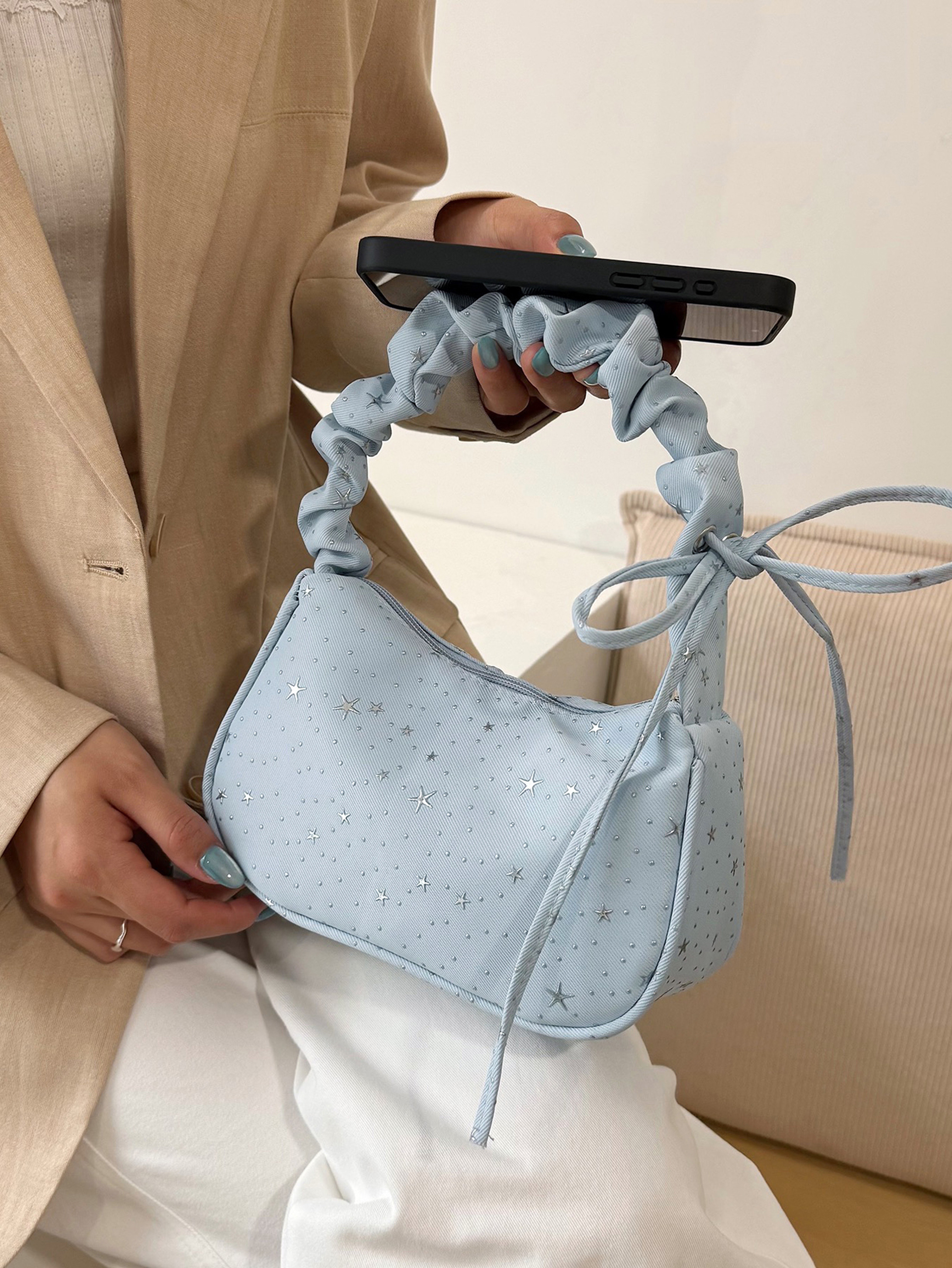 Light Blue Shoulder Bag with Zip Closure