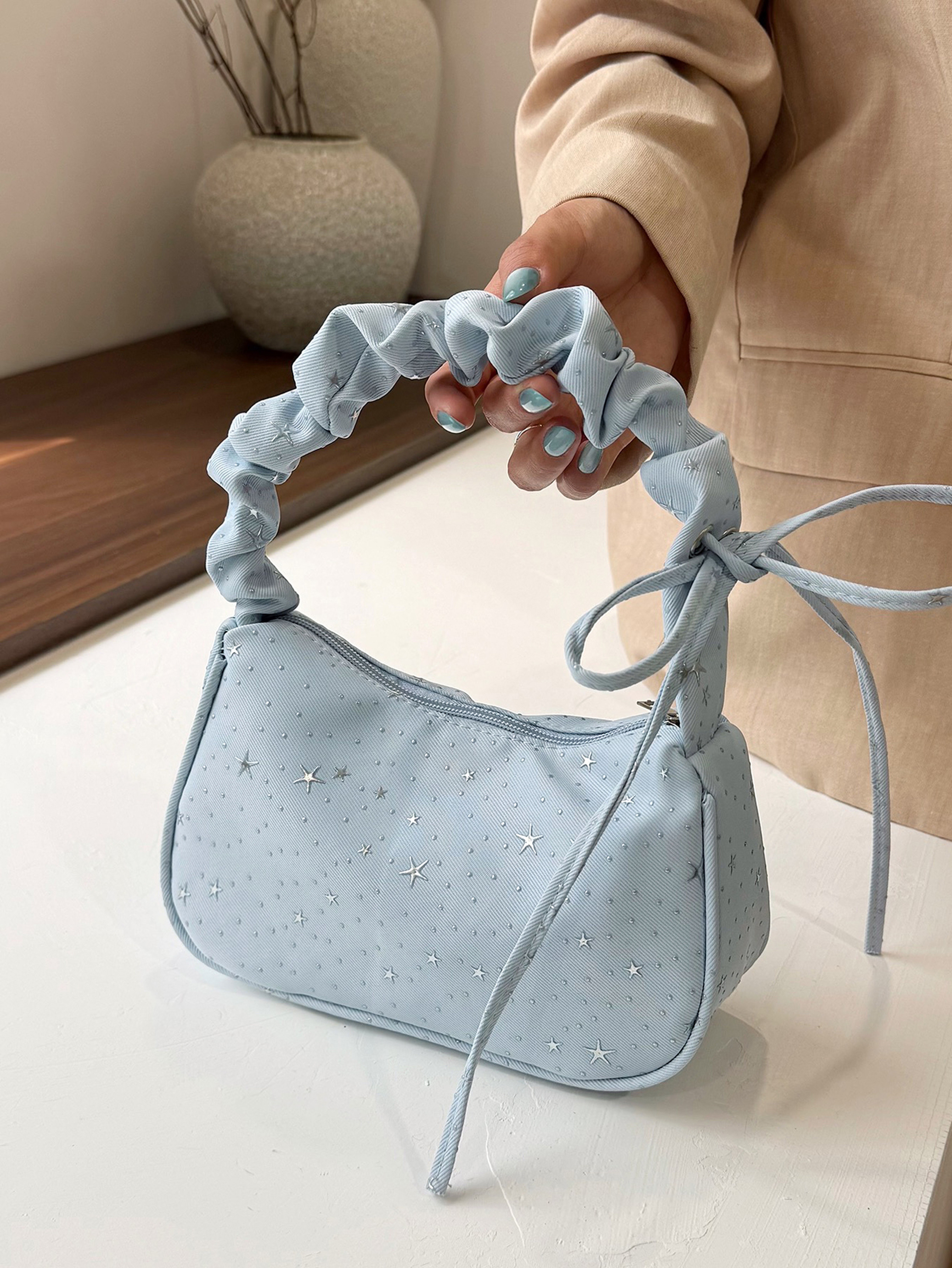 Light Blue Shoulder Bag with Zip Closure