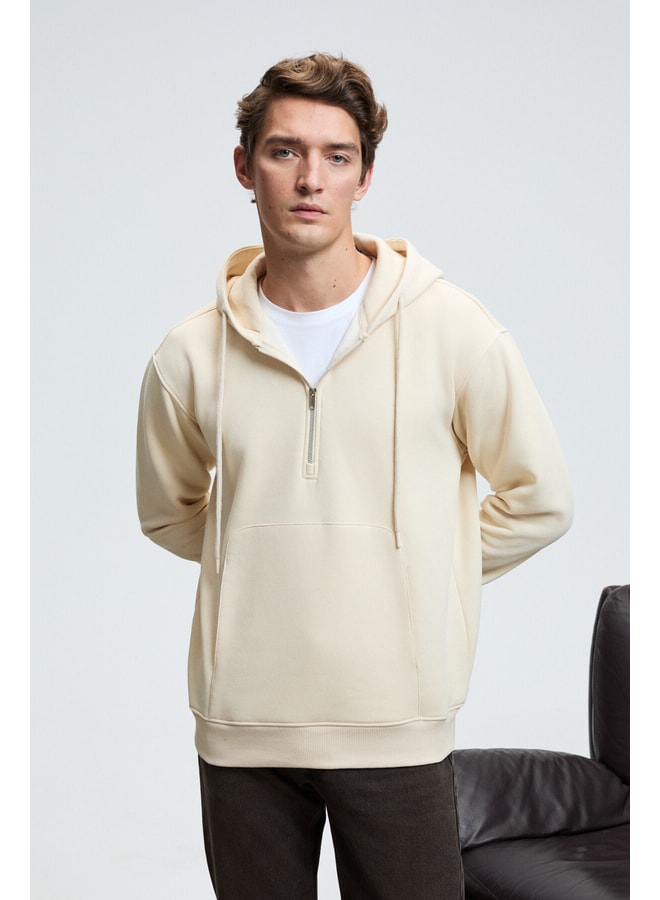 Cream Solid Hoodie with Long Sleeves