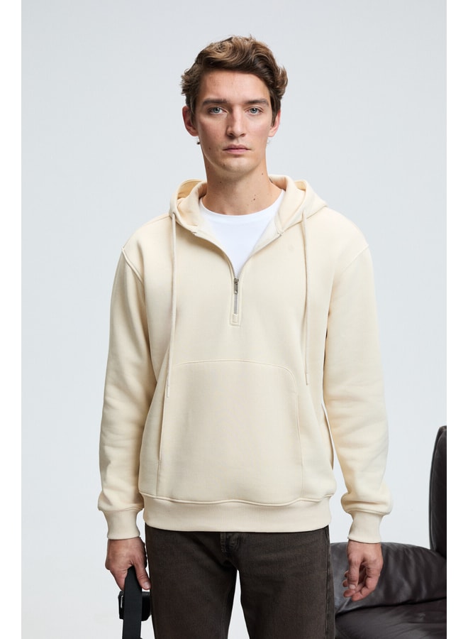 Cream Solid Hoodie with Long Sleeves
