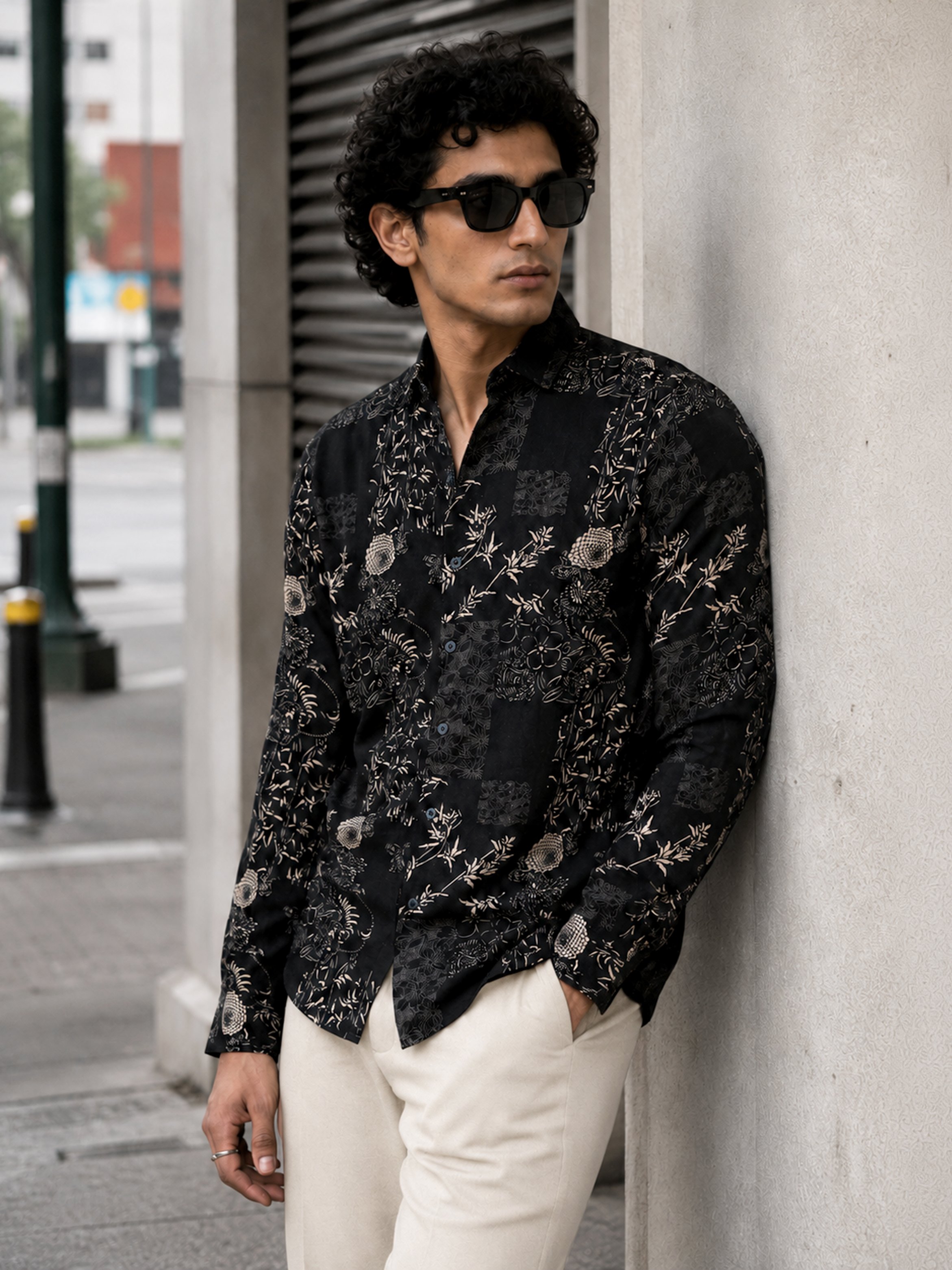 Black Printed Long Sleeves Regular Shirt