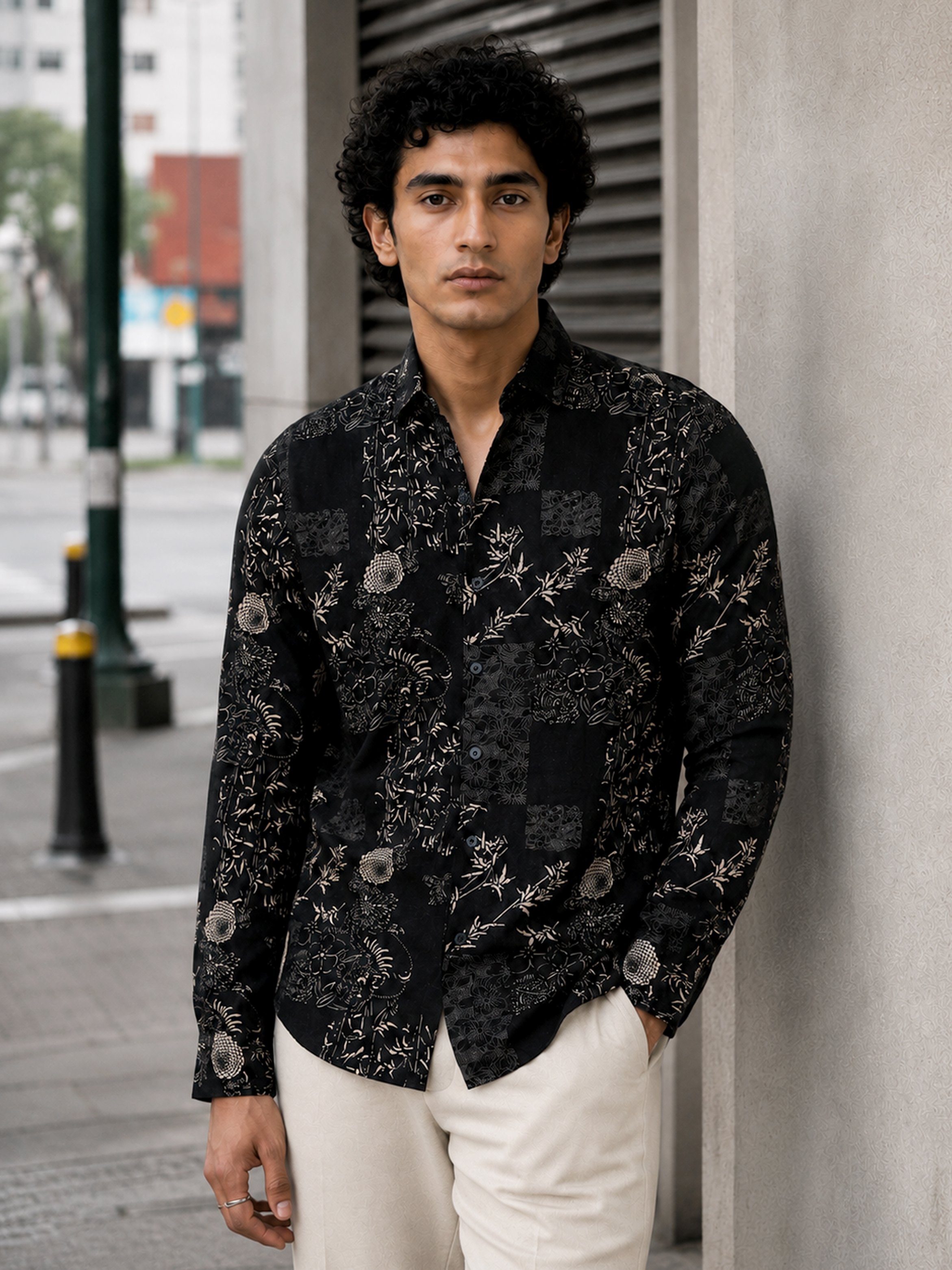 Black Printed Long Sleeves Regular Shirt