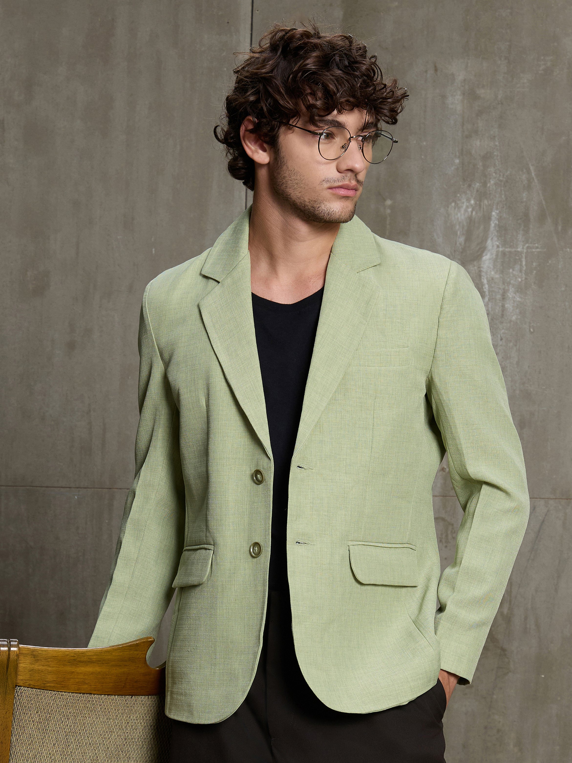 Green Solid Tailored Blazer with Long Sleeves