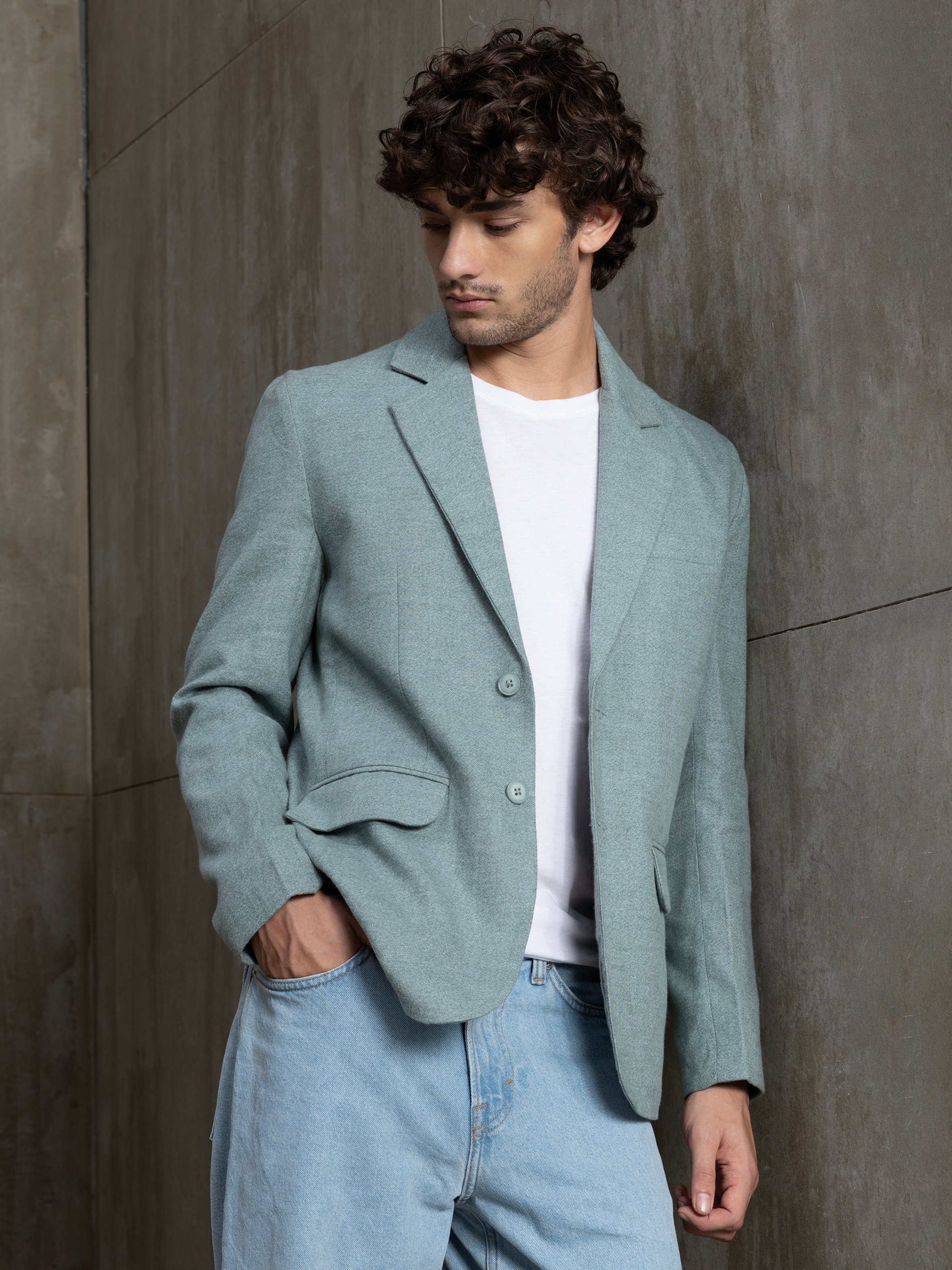 Teal Solid Relaxed Blazer with Long Sleeves
