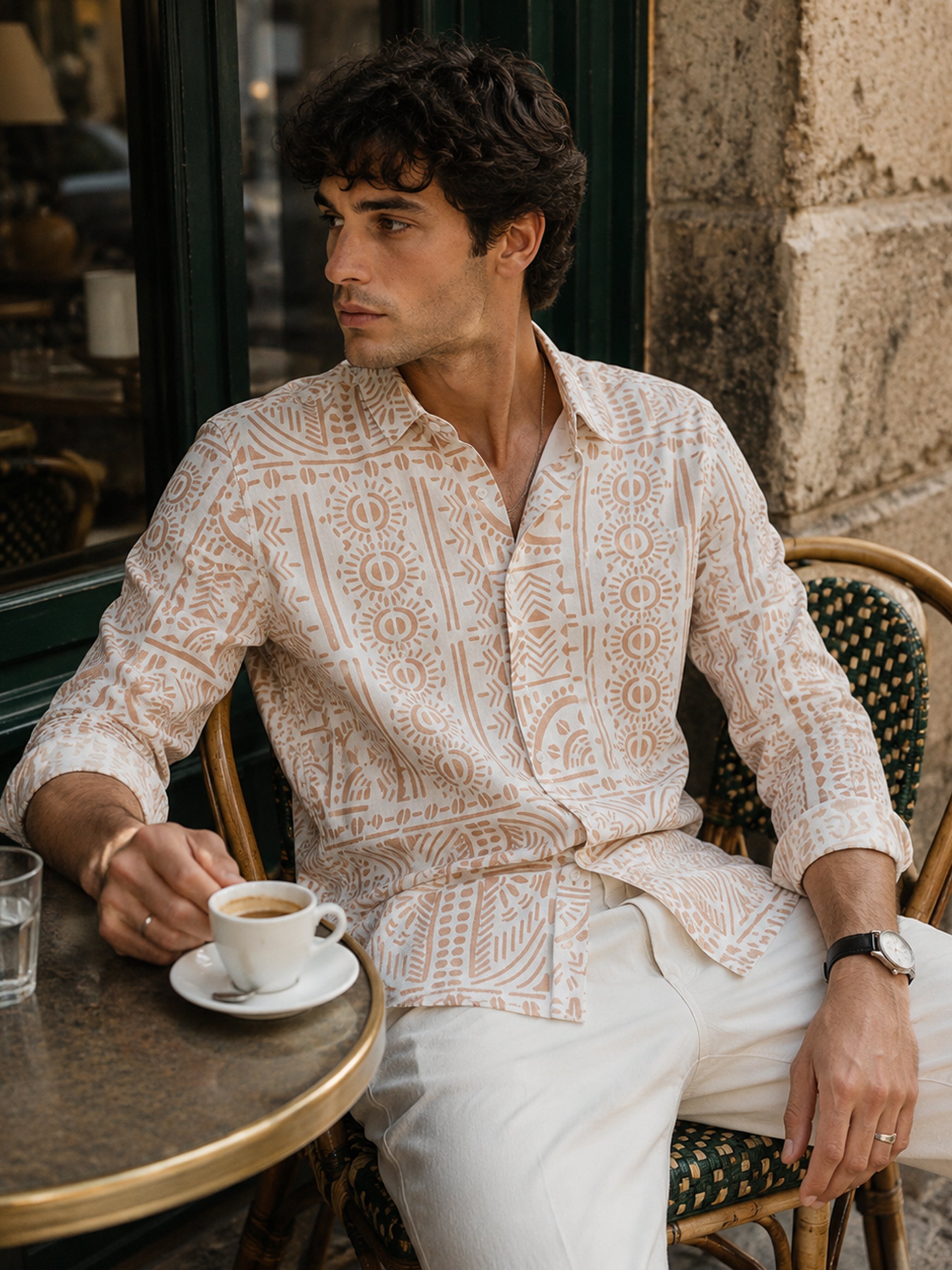 Beige Printed Long Sleeves Regular Shirt
