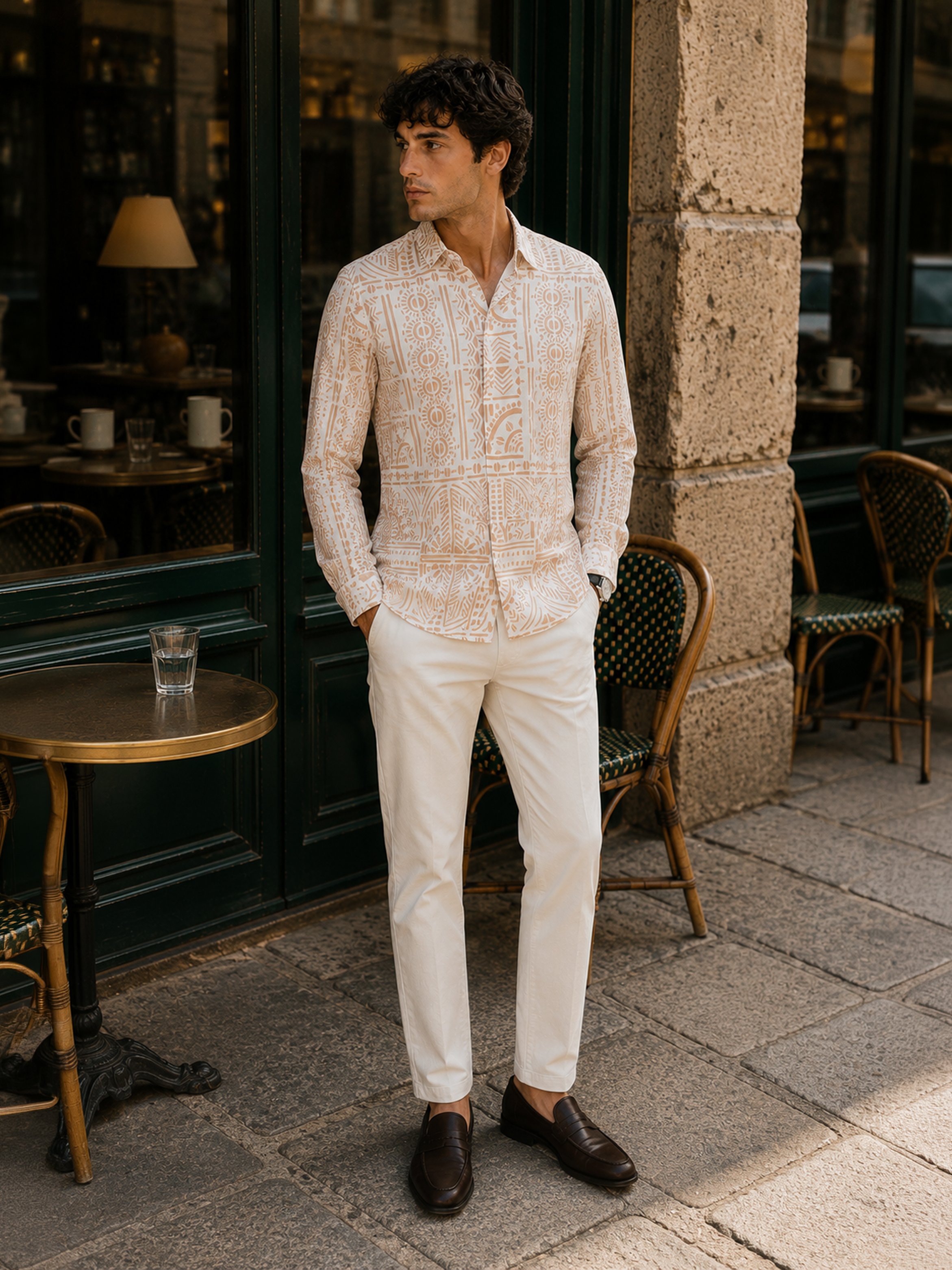Beige Printed Long Sleeves Regular Shirt
